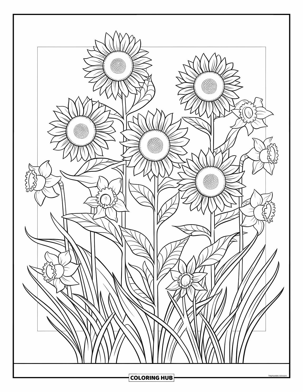 Yellow Coloring Page for Adults: Sunflowers and daffodils bloom with intricate stems and leaves in a rectangle frame