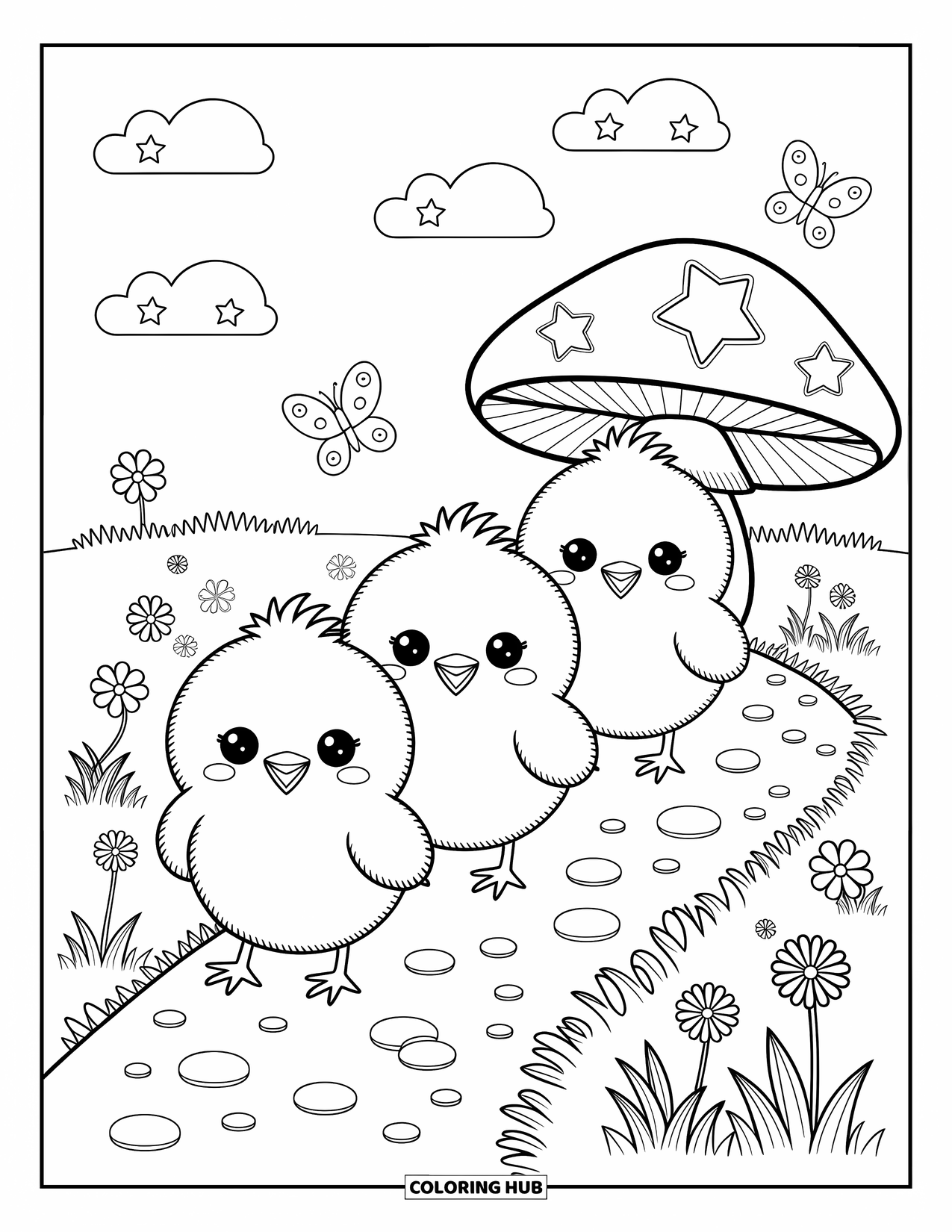Yellow Coloring Page for Adults: Three cute chicks walk a winding path surrounded by butterflies and wildflowers