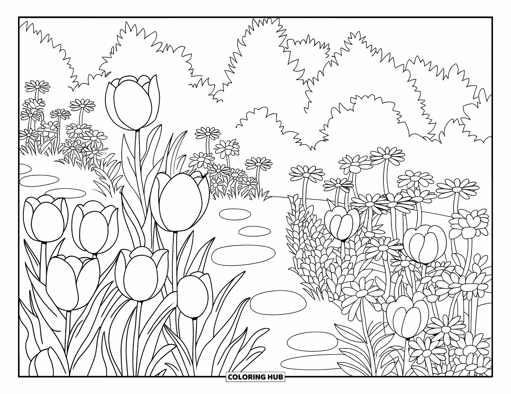 Yellow Coloring Page for Adults: Tulips and daisies line a garden path with trees in the background