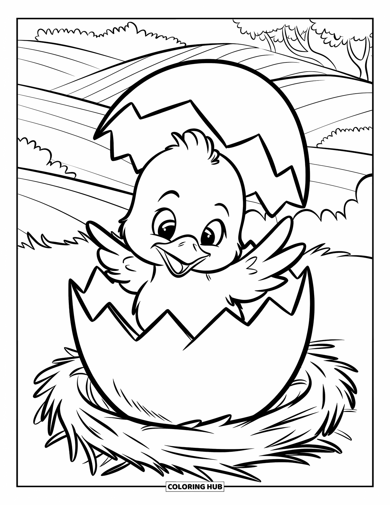 Yellow Coloring Page for Kids: A baby chick peeks out of a big egg on a straw nest