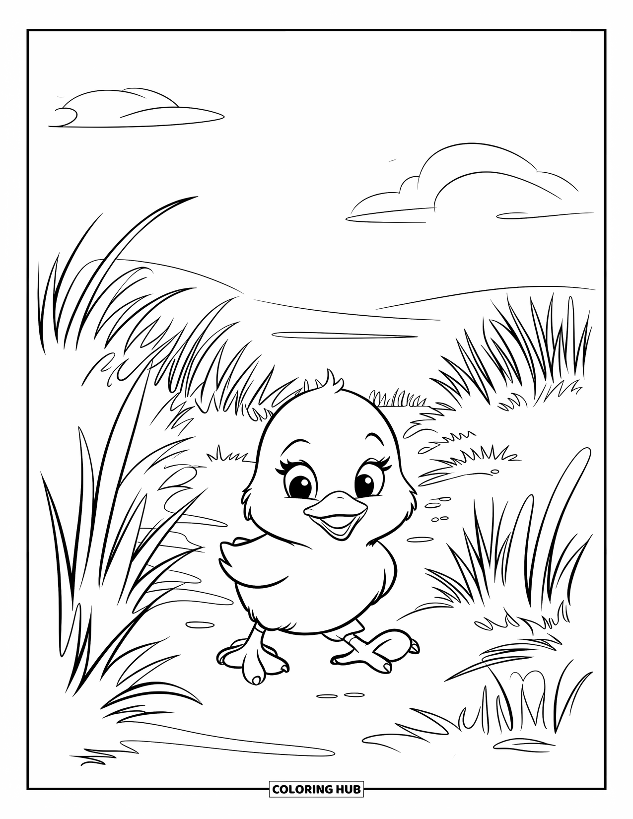 Yellow Coloring Page for Kids: A cute chick walks a dirt path surrounded by tall grass and blue sky