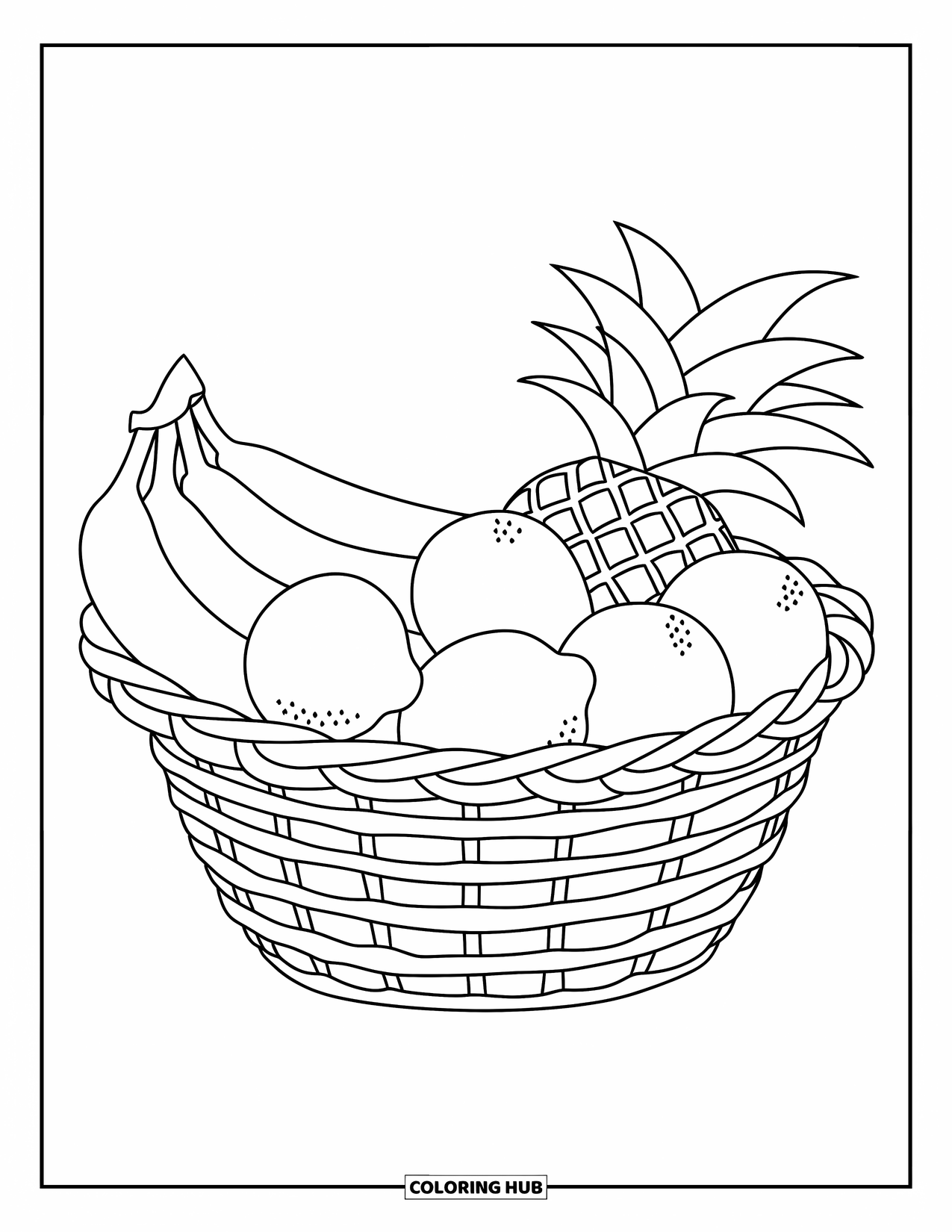 Yellow Coloring Page for Kids: A detailed fruit basket with expressive banana, lemon, and pineapple shapes