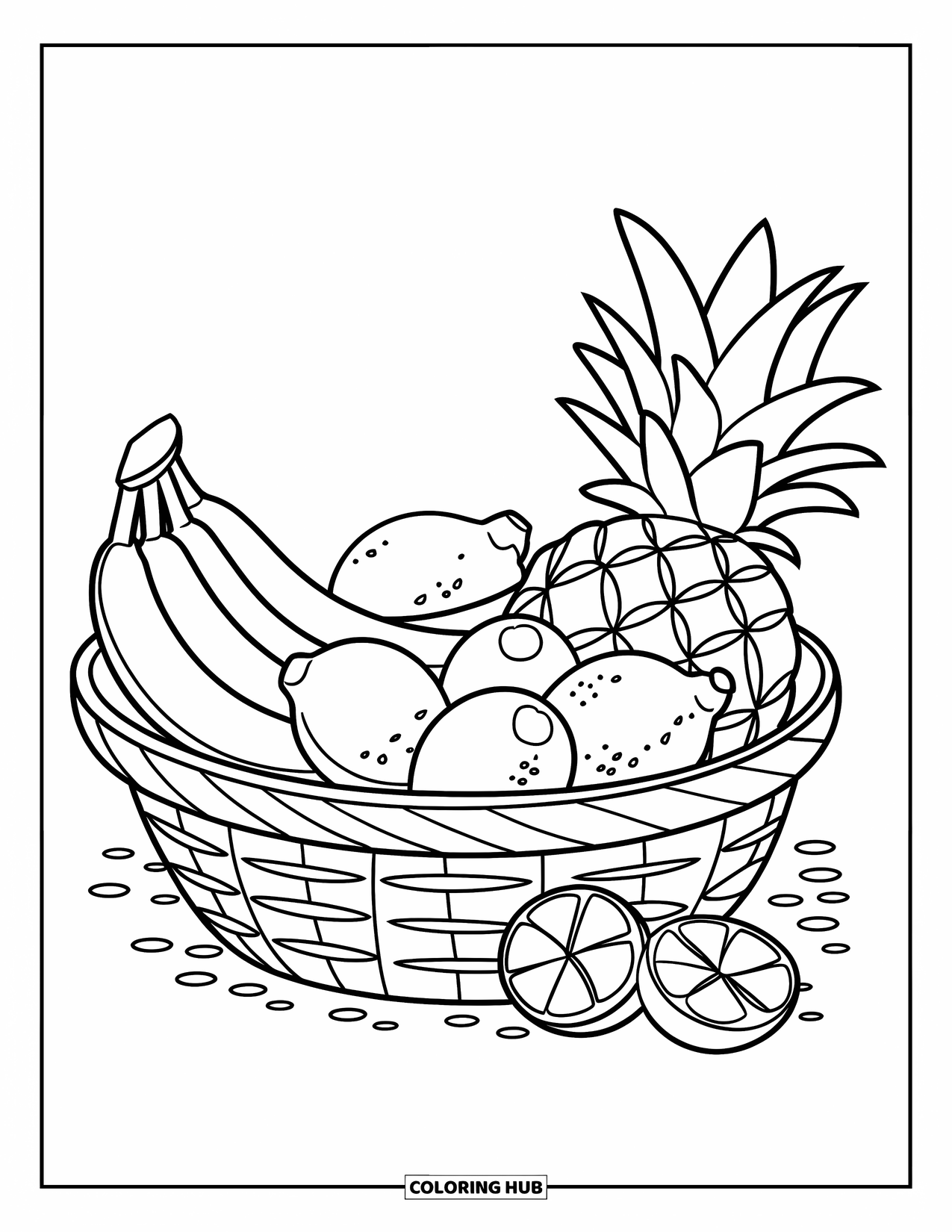 Yellow Coloring Page for Kids: A fruit basket with bold banana, lemon, and pineapple shapes