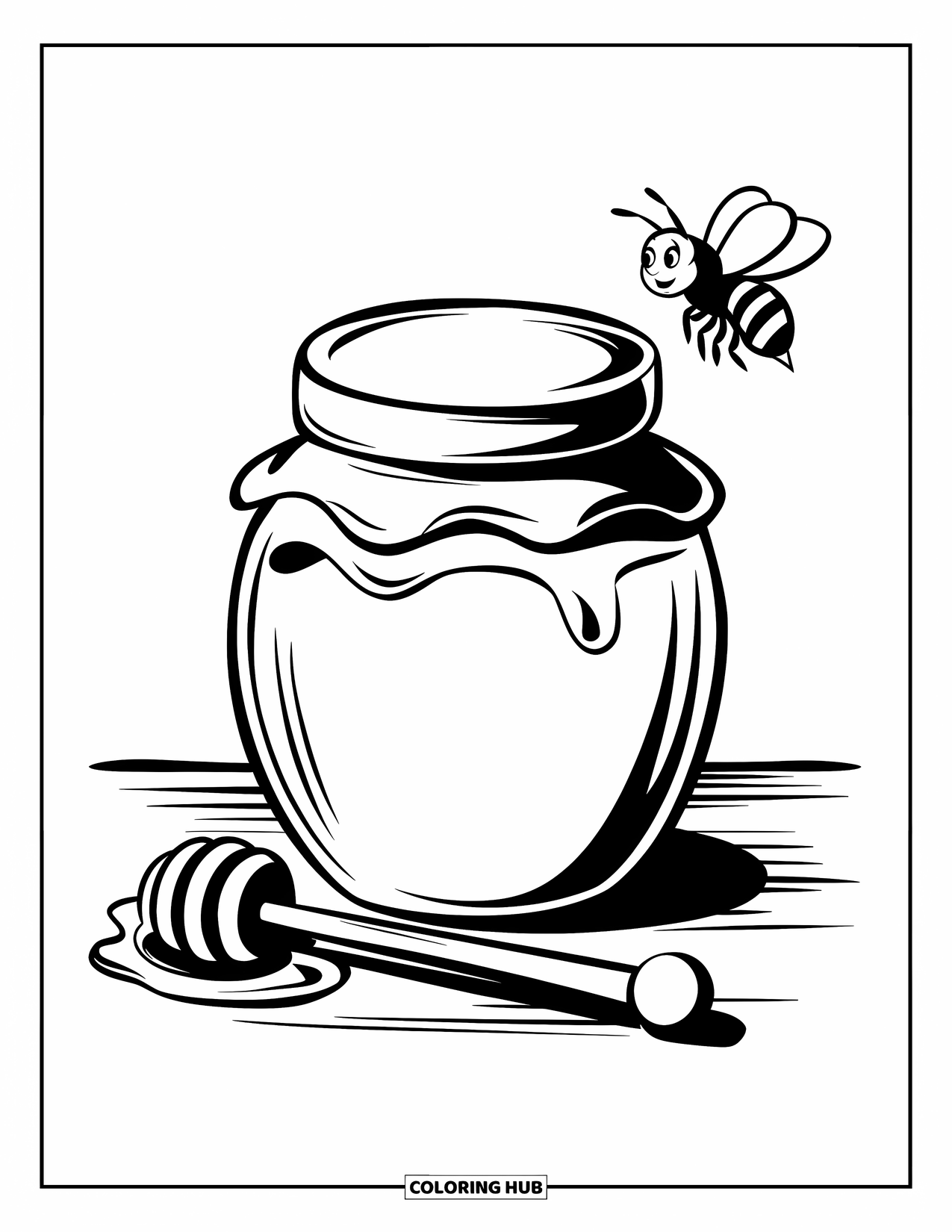 Yellow Coloring Page for Kids: A honey jar sits beside a honey dipper and a bee