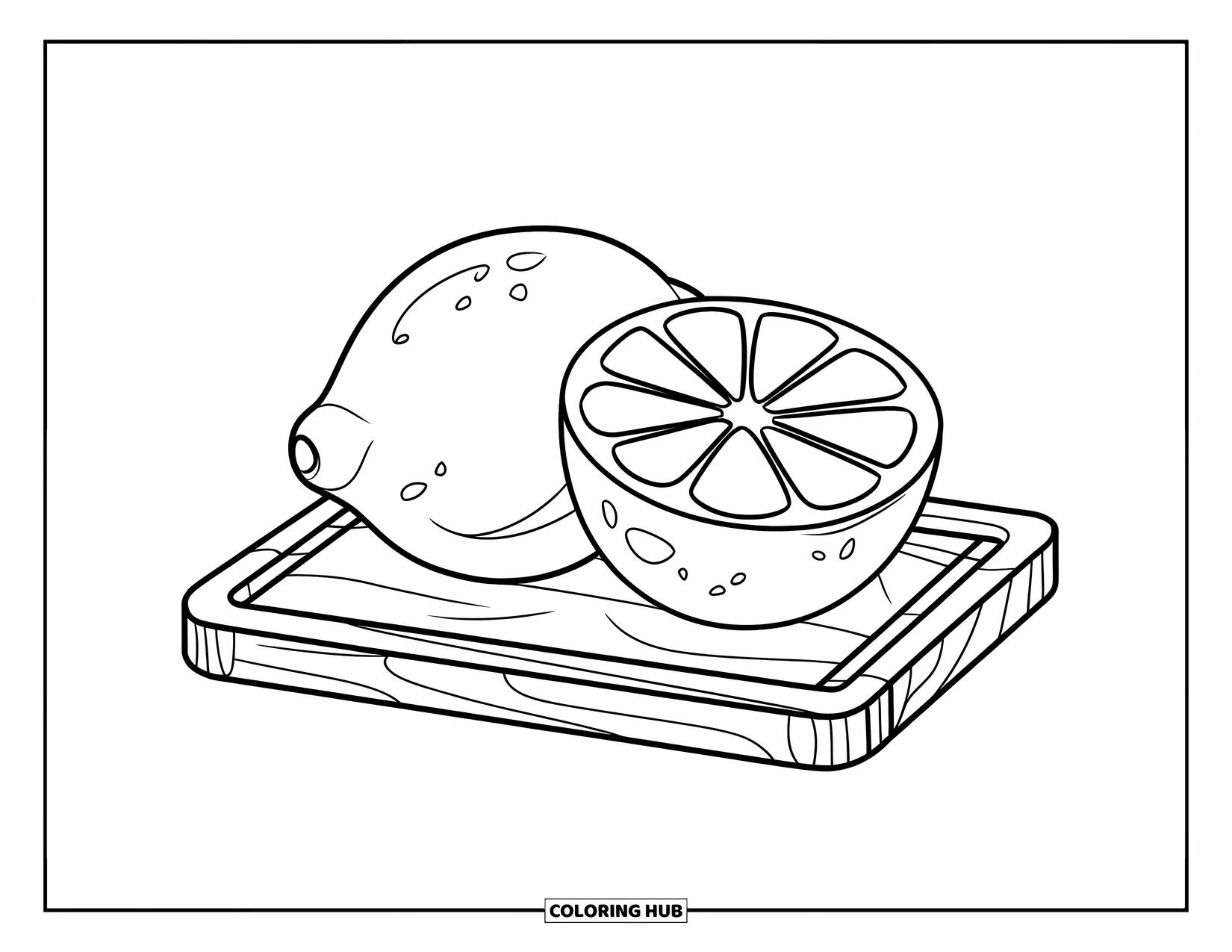 Yellow Coloring Page for Kids: A lemon and its slice rest on a cutting board with seeds showing
