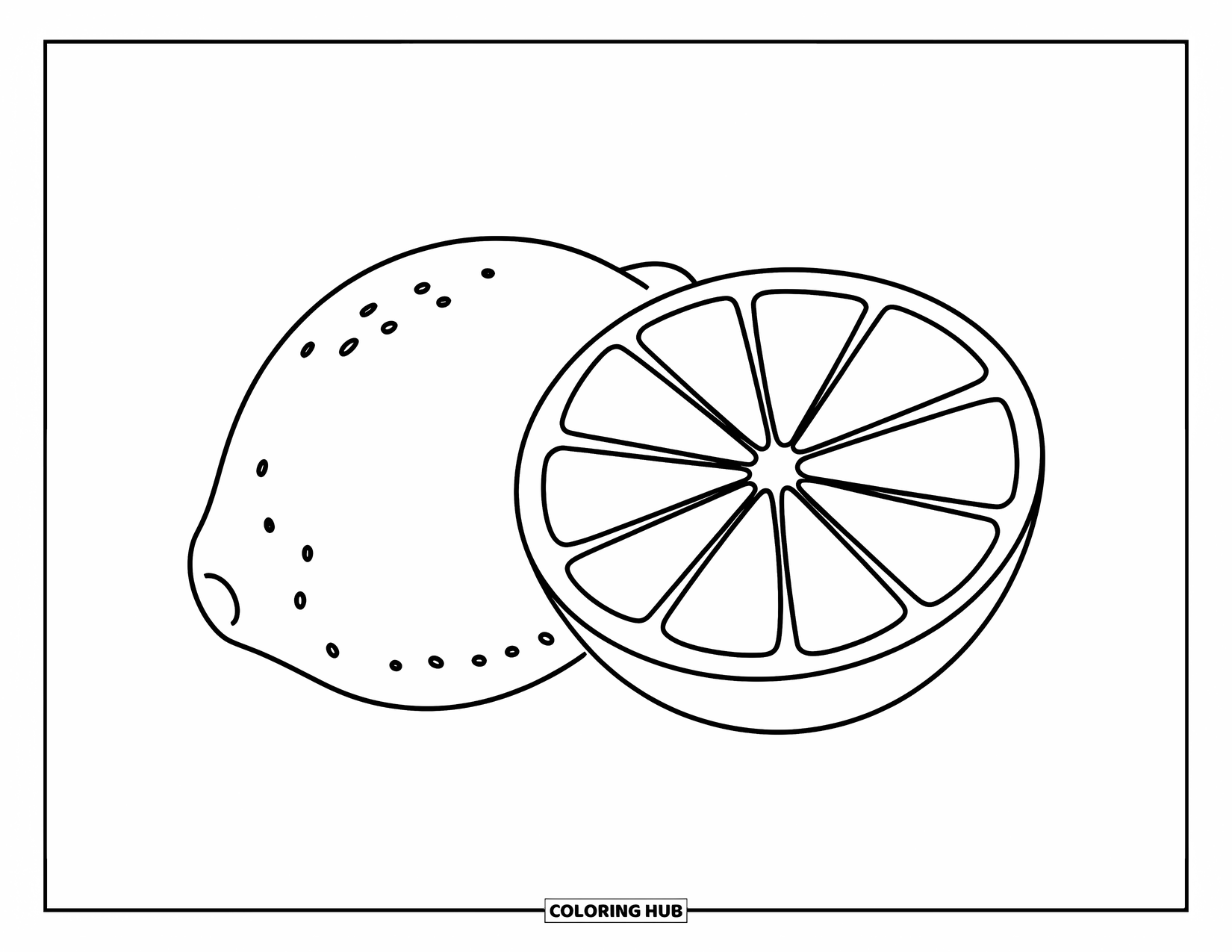 Yellow Coloring Page for Kids: A lemon and slice with simple shapes sit neatly together