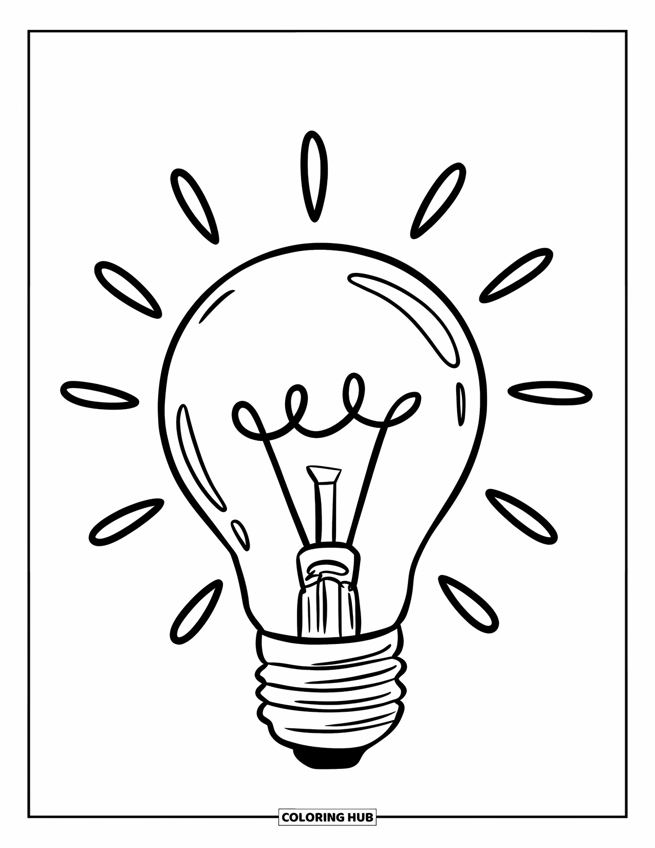 Yellow Coloring Page for Kids: A light bulb hangs from a wire with glowing rays