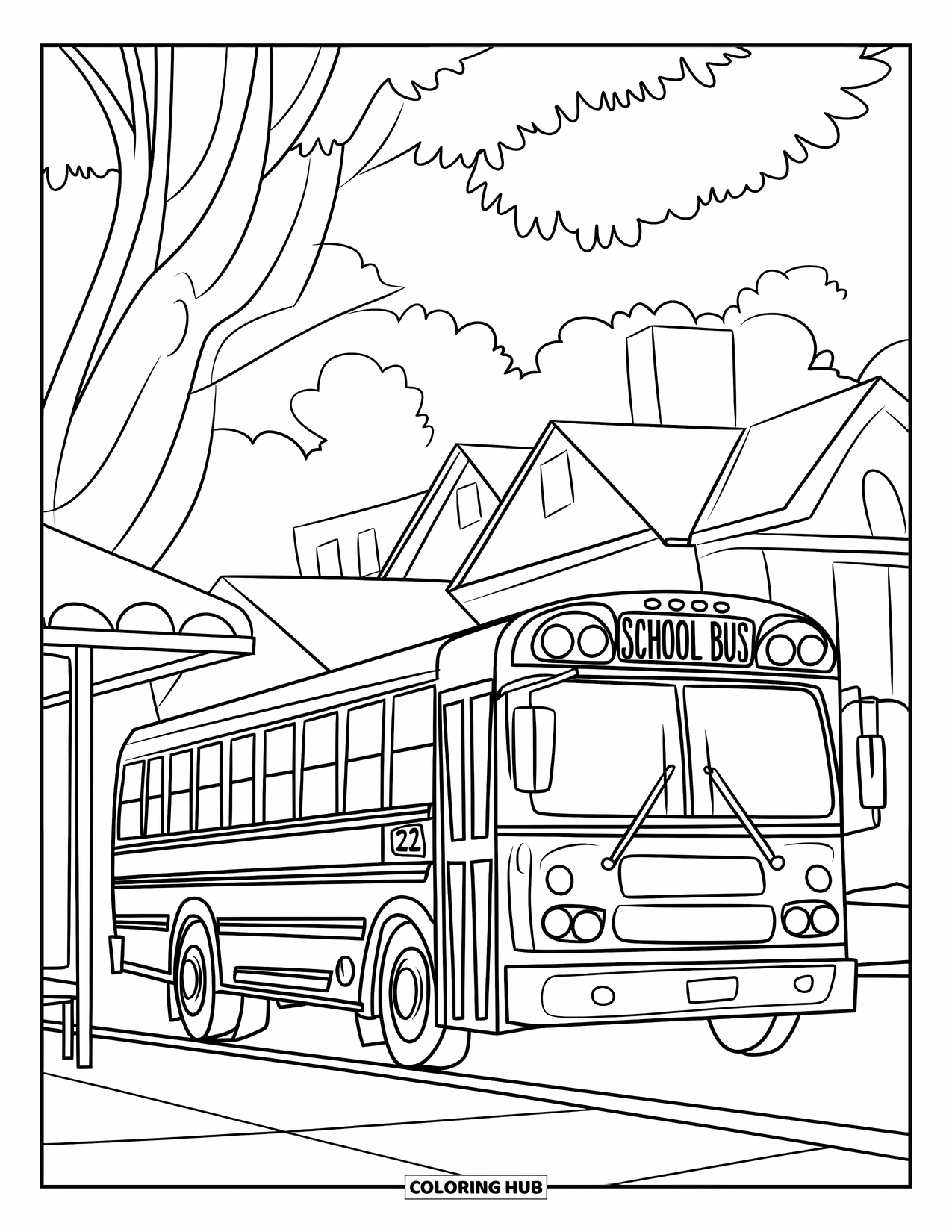 Yellow Coloring Page for Kids: A red school bus with number 22 stops near houses and a tree