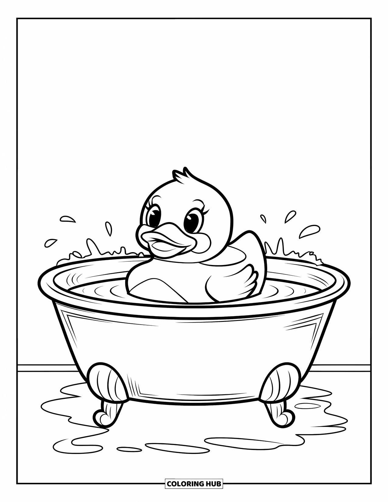Yellow Coloring Page for Kids: A rubber duck with big eyes floats in a tub with tiny splashes