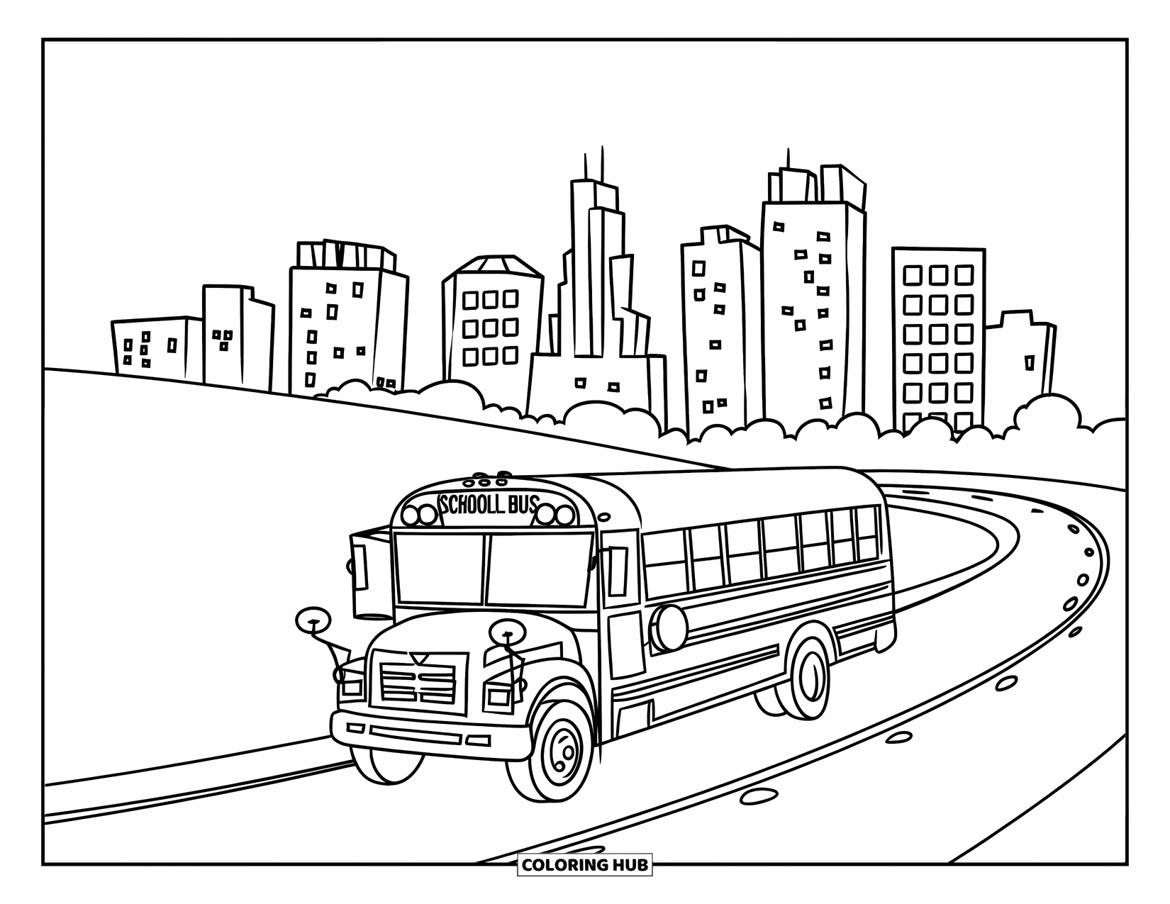 Yellow Coloring Page for Kids: A school bus drives on a curving road with tall buildings in the distance