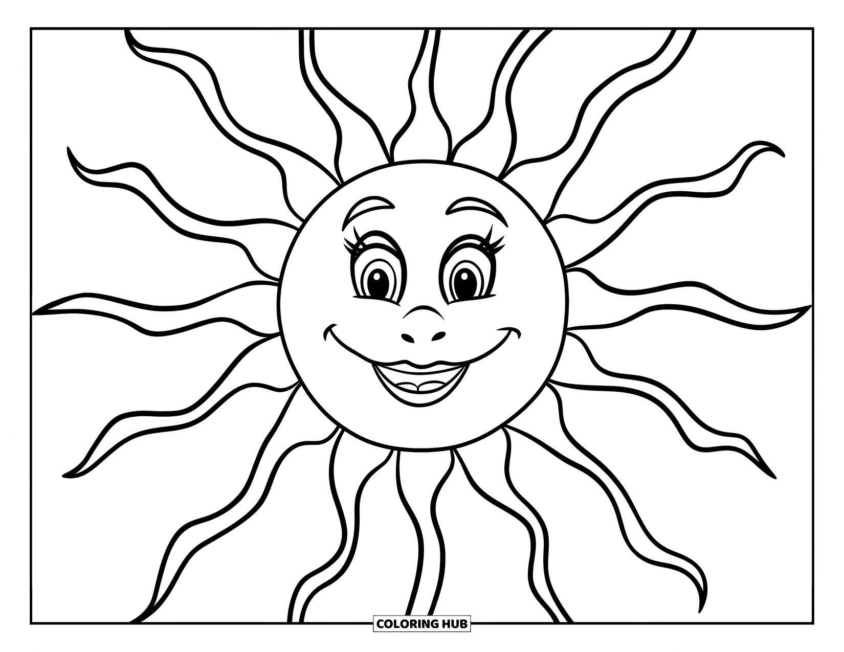 Yellow Coloring Page for Kids: A smiling sun with bold rays stretches in all directions
