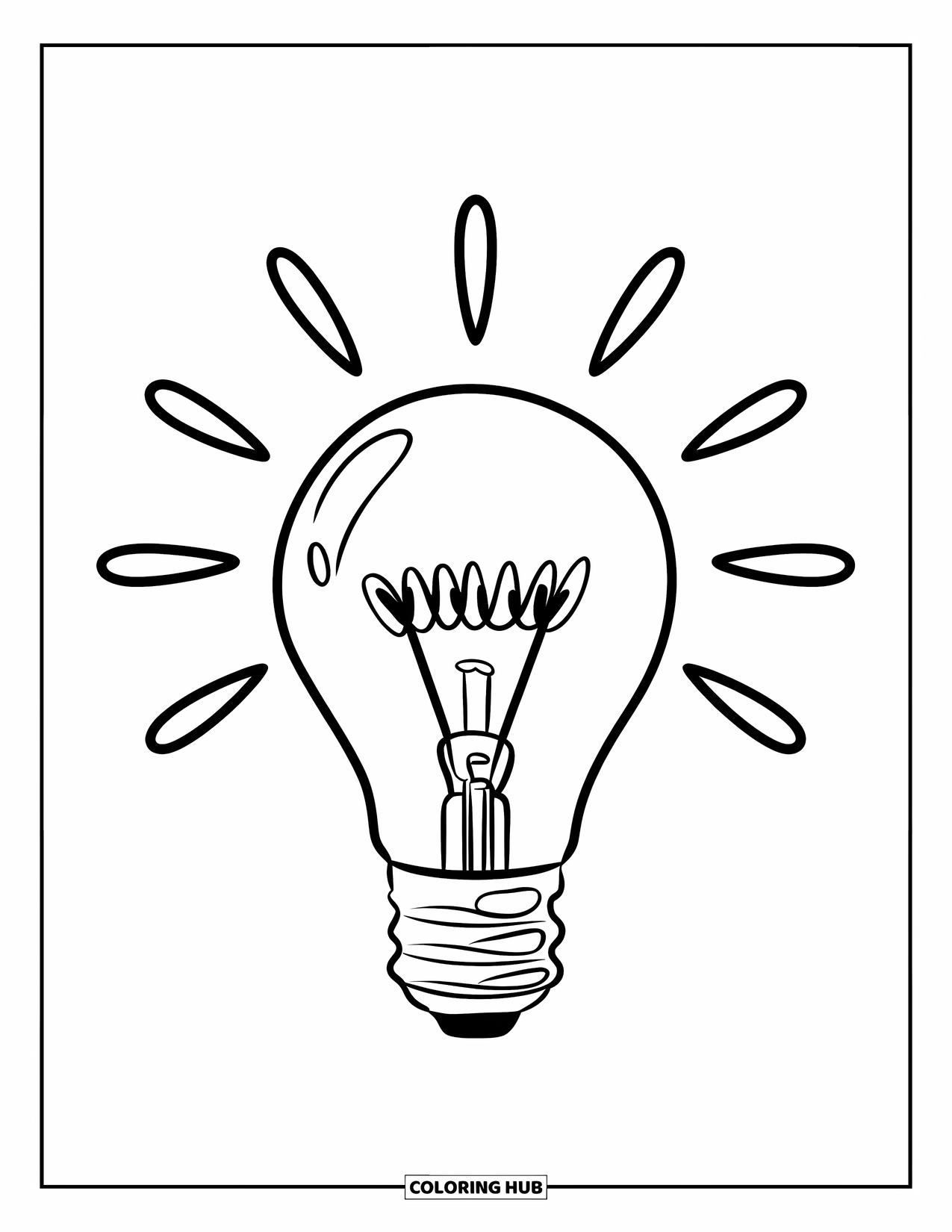 Yellow Coloring Page for Kids: An upright light bulb with a wire and inner filament