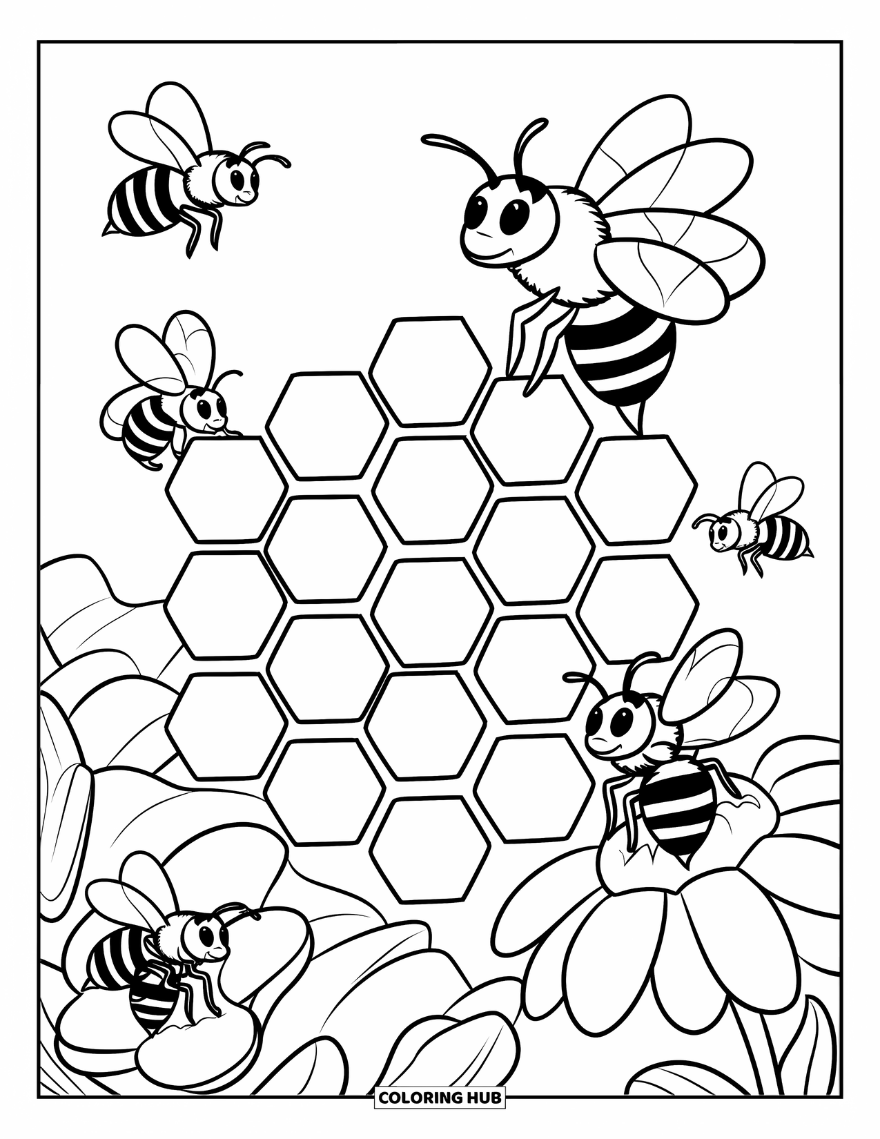 Yellow Coloring Page for Kids: Bees fly near a honeycomb and one lands on a flower