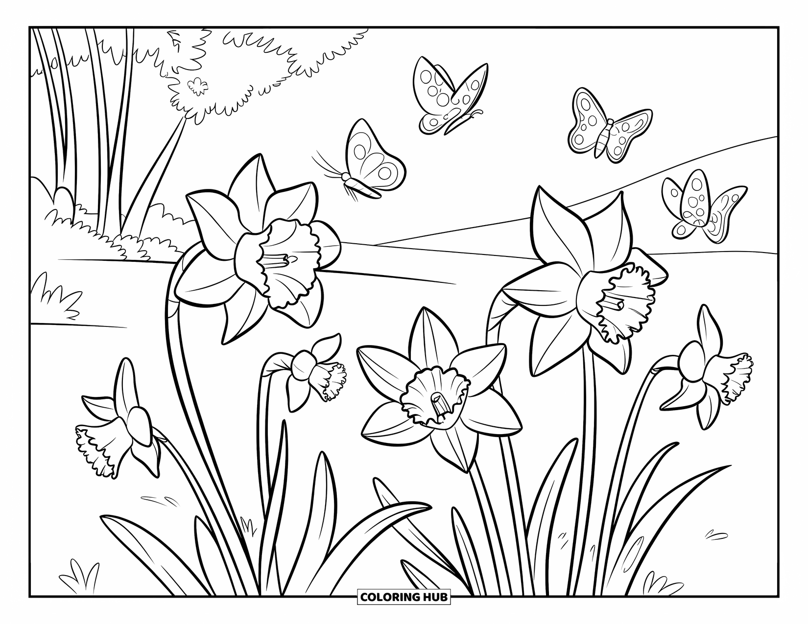 Yellow Coloring Page for Kids: Butterflies fly over blooming daffodils in a scenic landscape