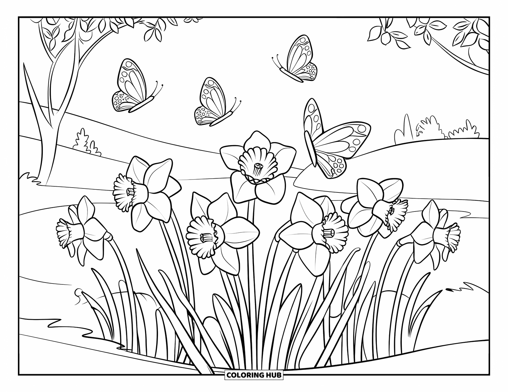 Yellow Coloring Page for Kids: Daffodils bloom in a garden with butterflies flying overhead