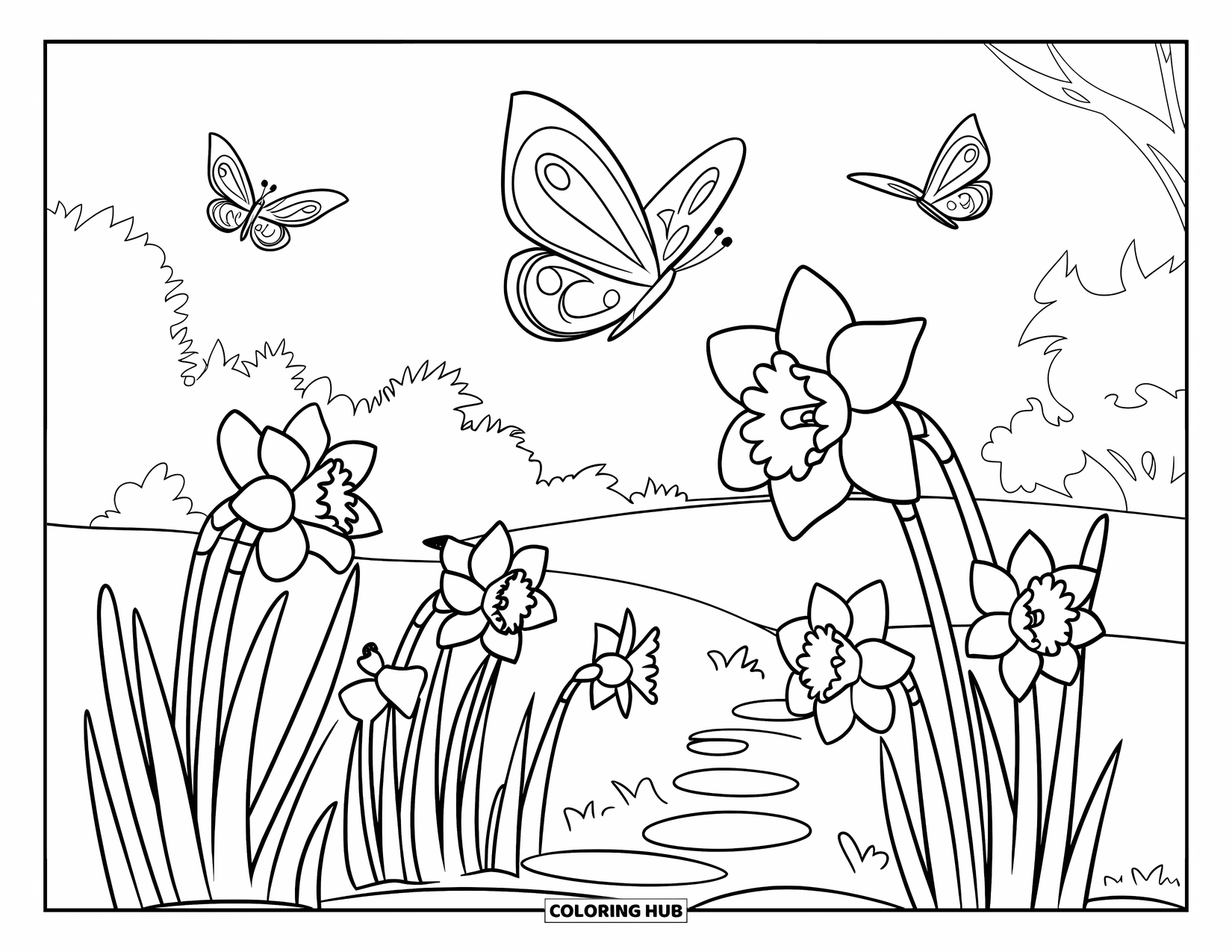 Yellow Coloring Page for Kids: Stone paths wind through a daffodil garden with butterflies above