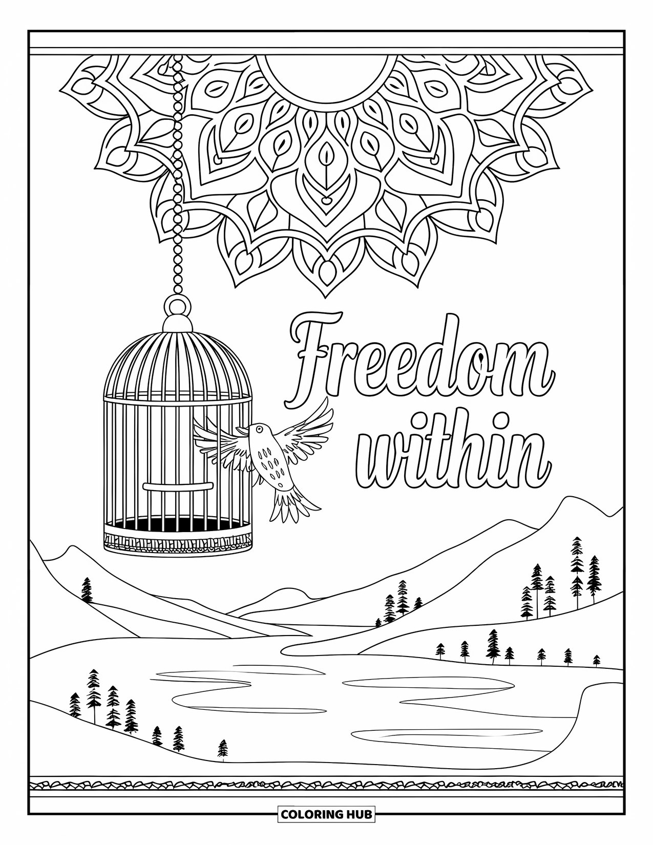 Addiction Recovery Coloring Page for Adults: A bird escapes an open cage beneath a mandala with "Freedom Within" below