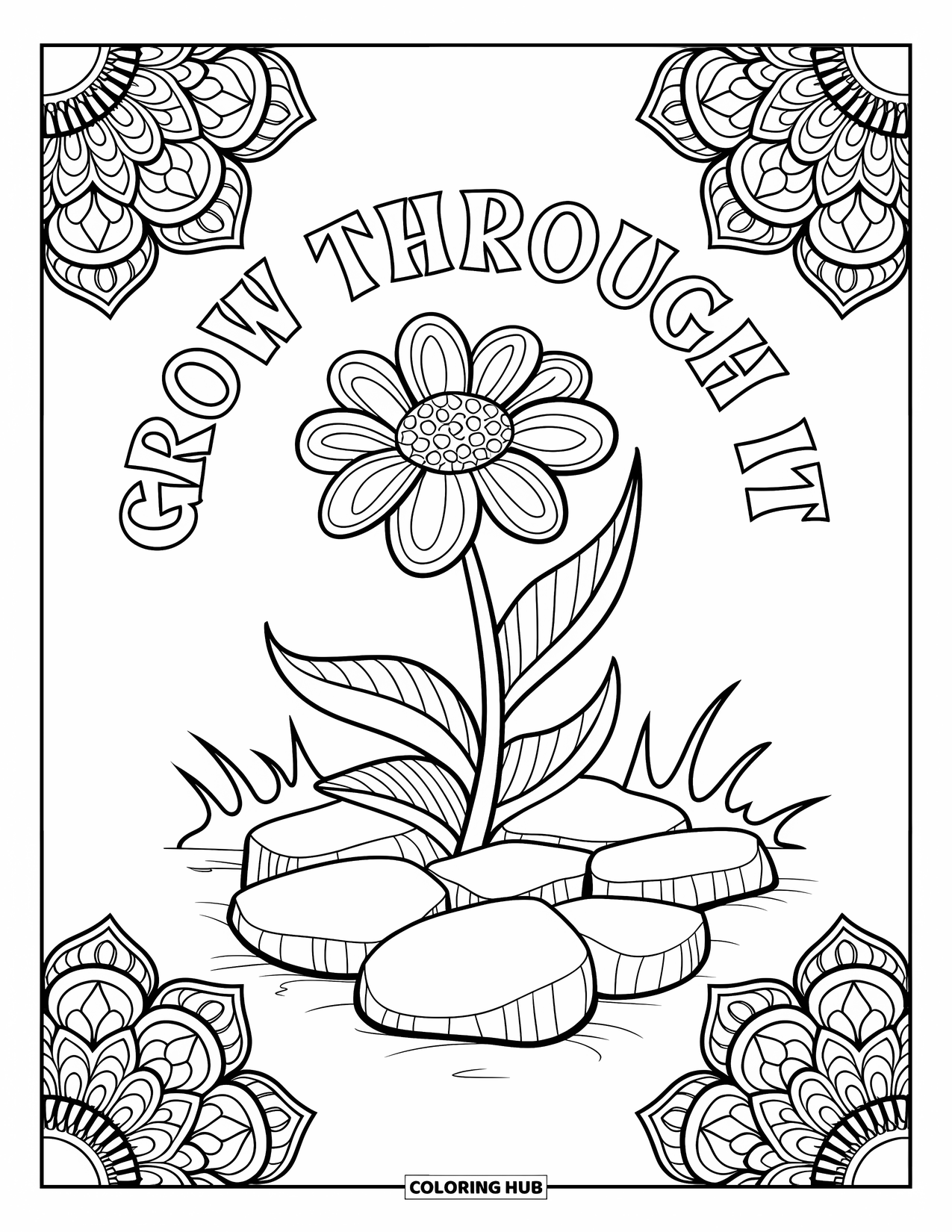 Addiction Recovery Coloring Page for Adults: A bold flower rises from stone as "Grow Through It" reminds with strength
