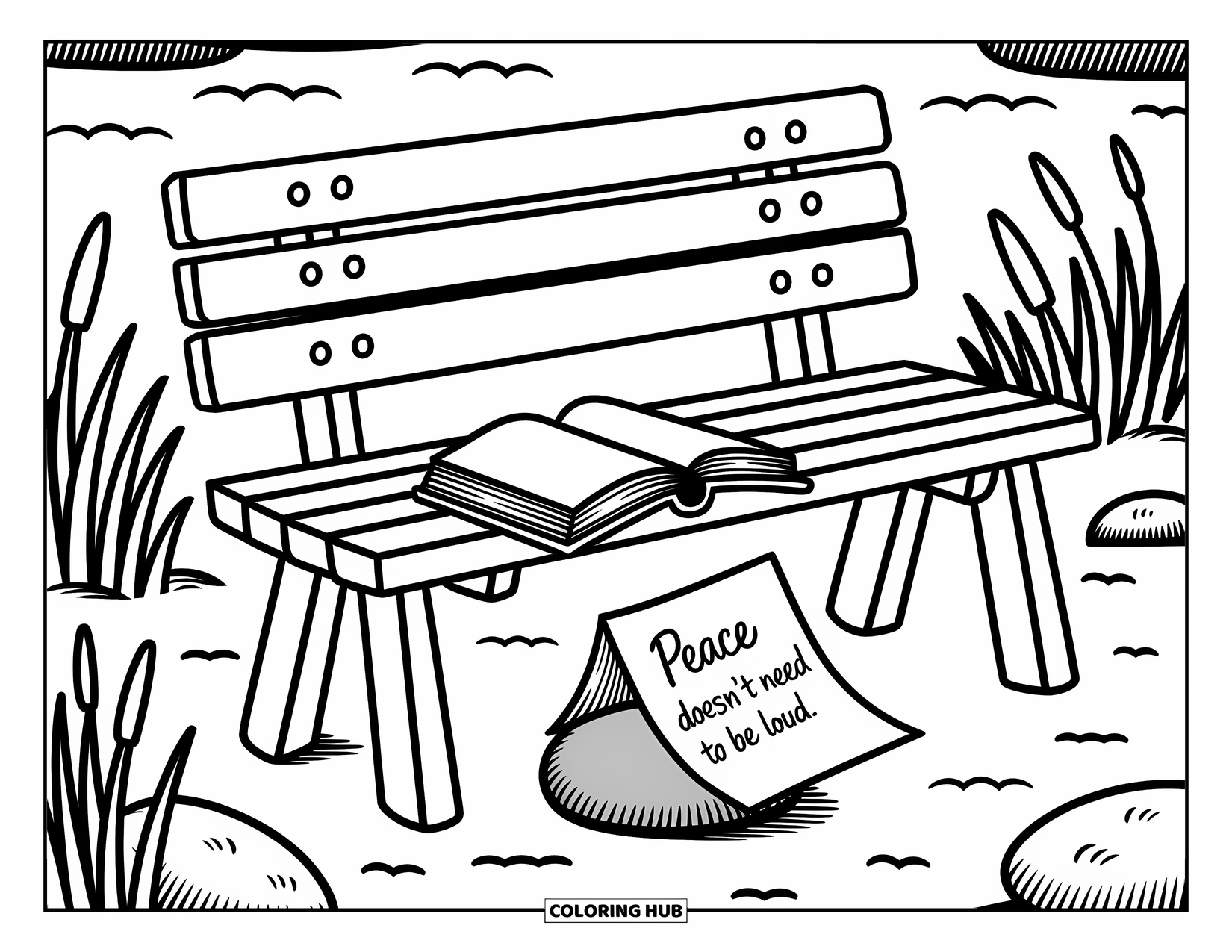 Addiction Recovery Coloring Page for Adults: A peaceful lake scene features a bench, an open book, and a calming quote