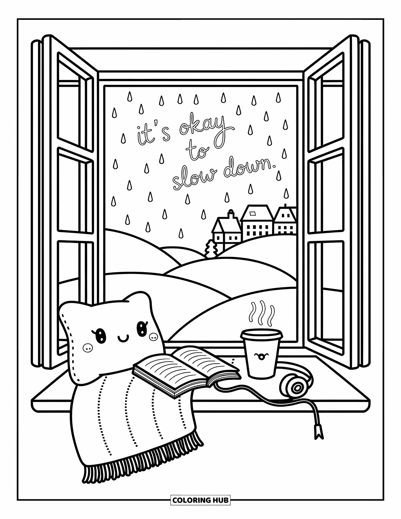 Addiction Recovery Coloring Page for Adults: A soft window scene glows with tea, books, and the words "It's okay to slow down"