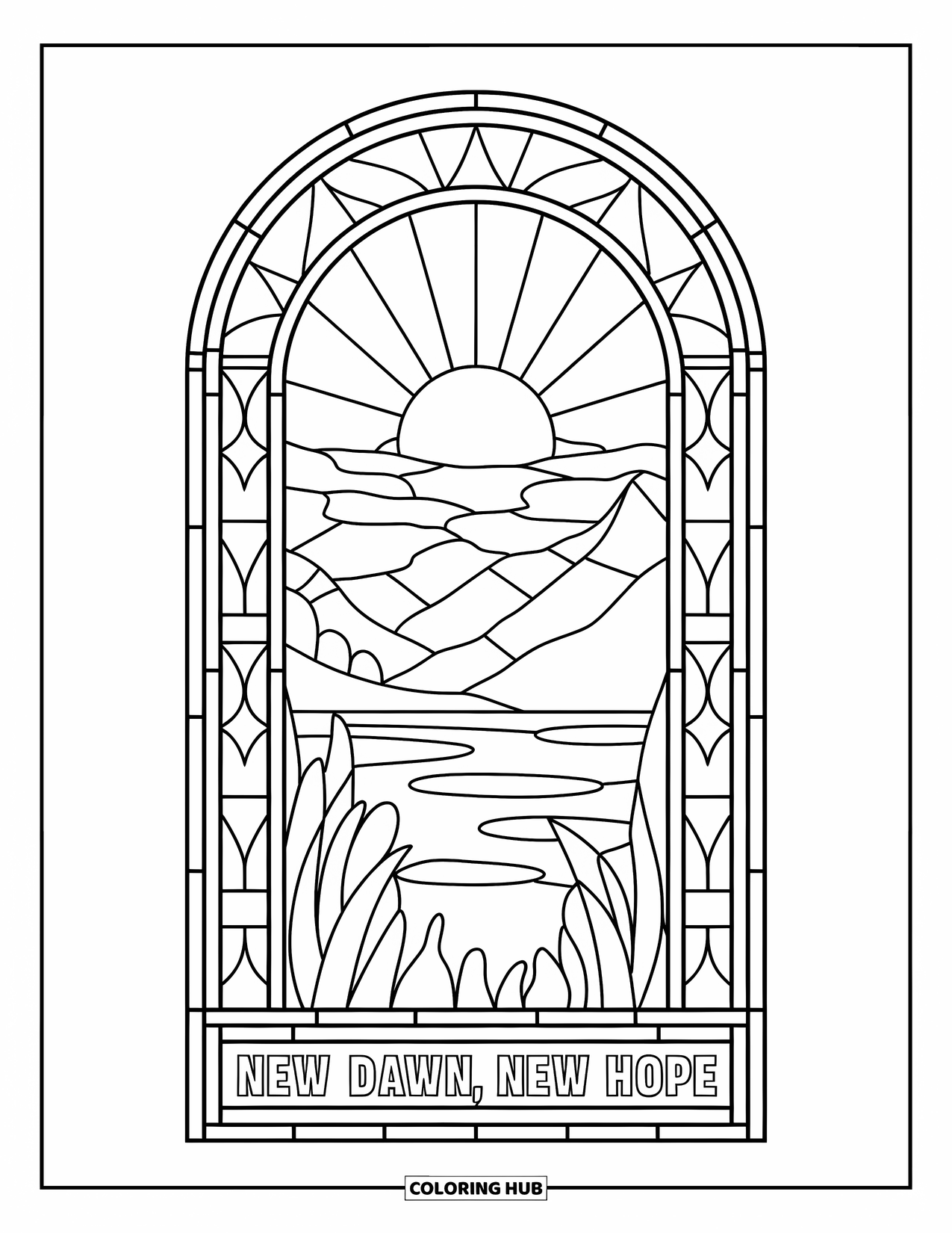 Addiction Recovery Coloring Page for Adults: A stained glass sunrise lights up mountains with "New Dawn, New Hope" below