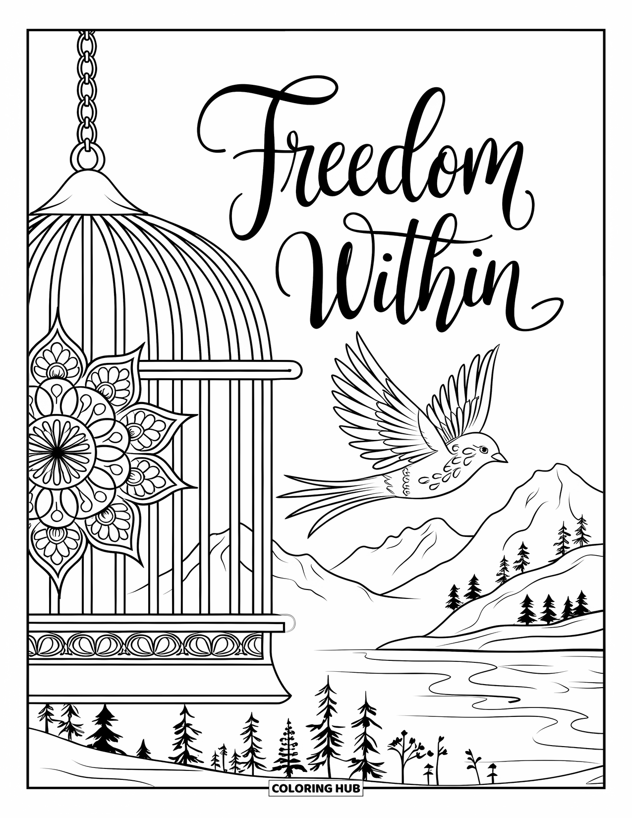 Addiction Recovery Coloring Page for Adults: "Freedom Within" is written as a bird flies from a cage over a calm scene