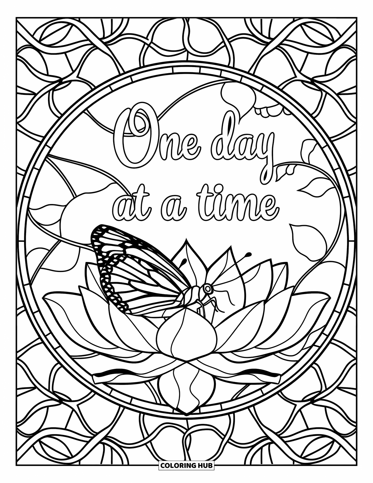 Addiction Recovery Coloring Page for Adults: Stained glass surrounds a butterfly and lotus with "One Day at a Time" in script