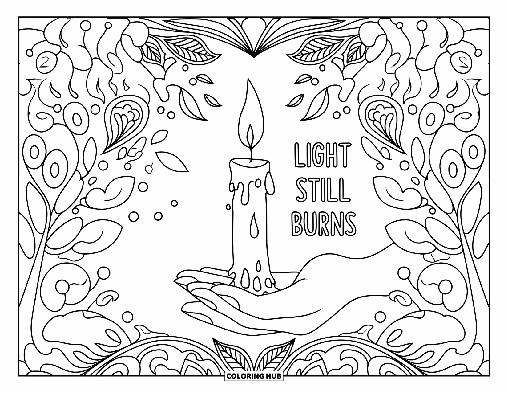 Addiction Recovery Coloring Page for Adults: Swirling vines frame a candlelit hand with the message "Light Still Burns"