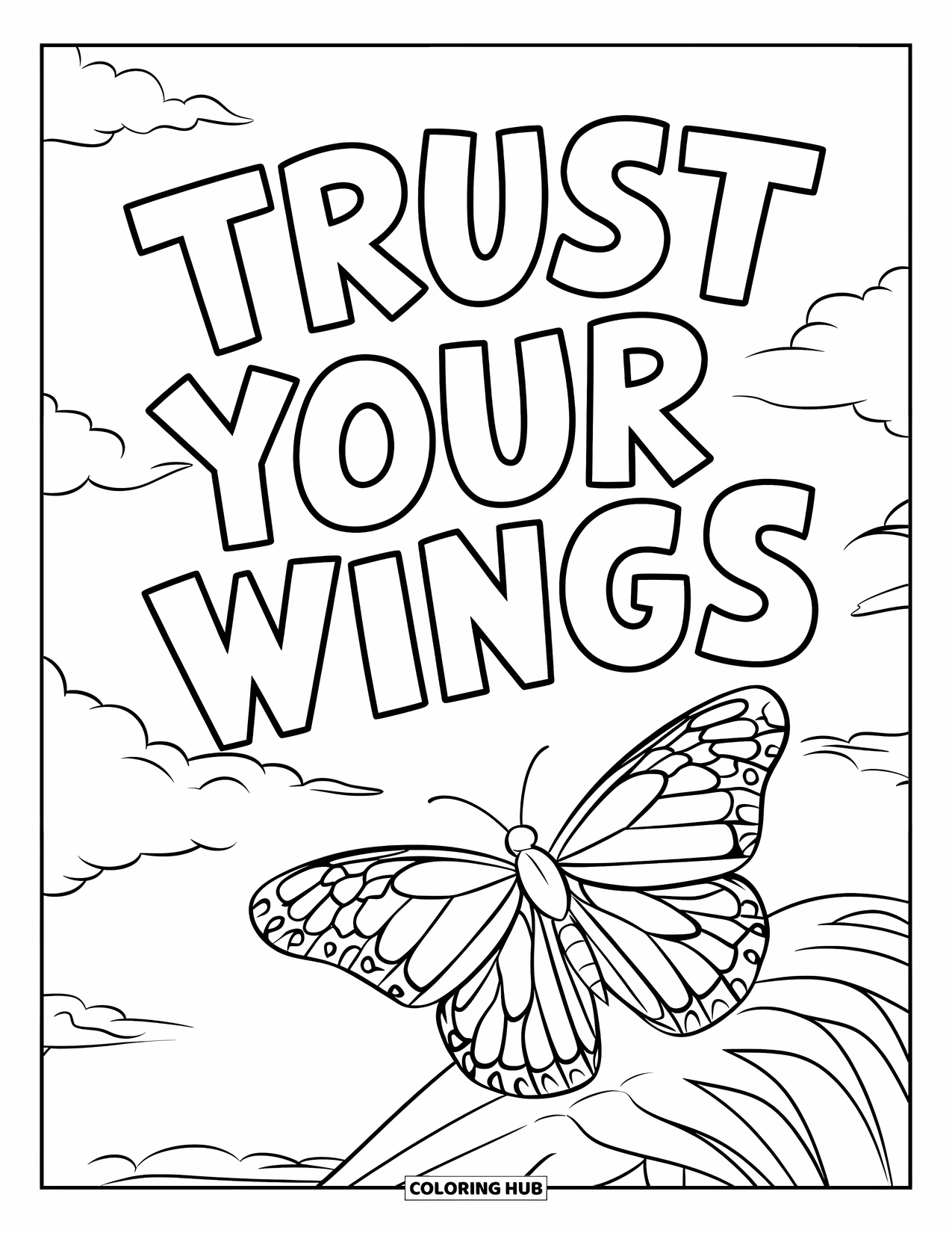 Addiction Recovery Coloring Page for Kids: A butterfly on a hand rises under the message "Trust Your Wings"