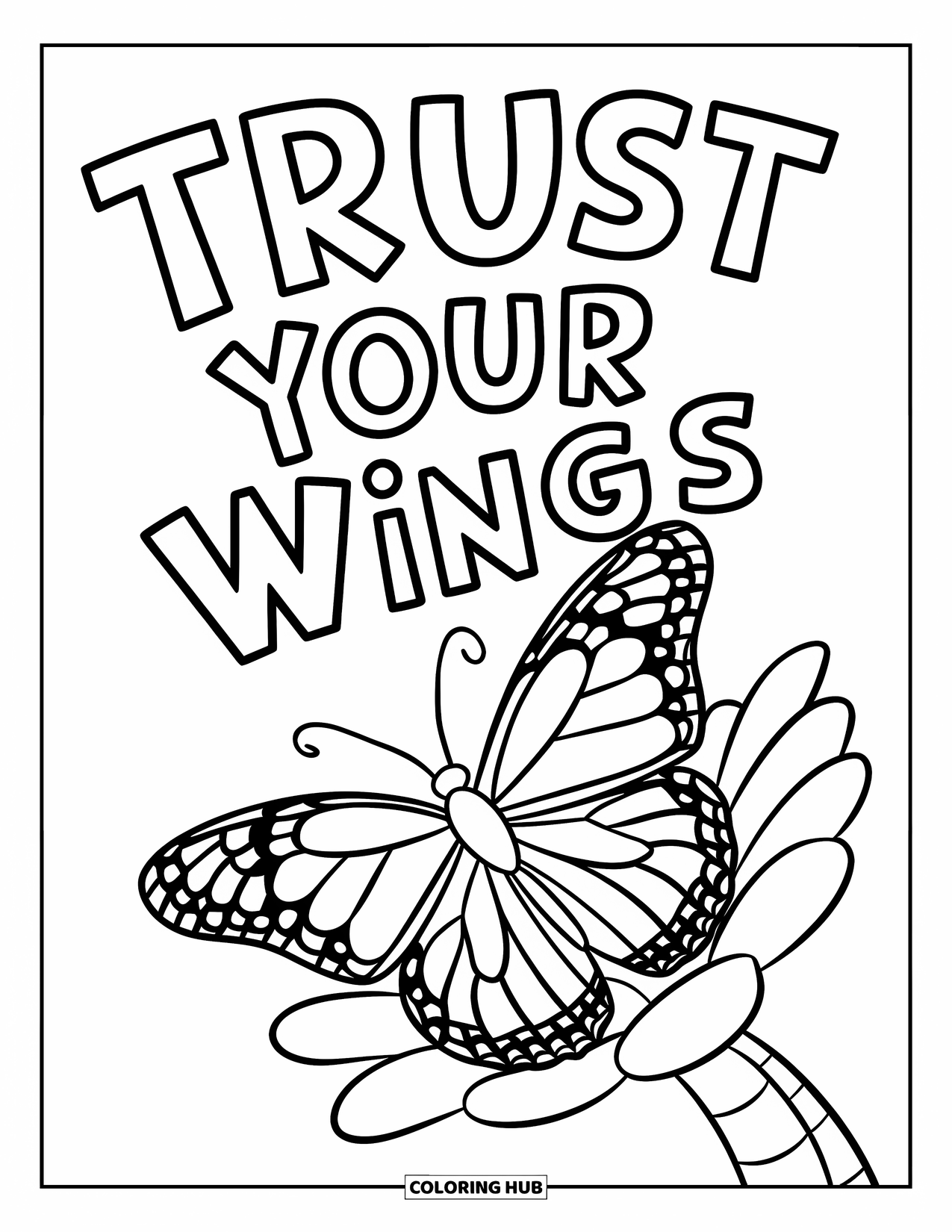 Addiction Recovery Coloring Page for Kids: A butterfly rests gently on a hand with "Trust Your Wings" above
