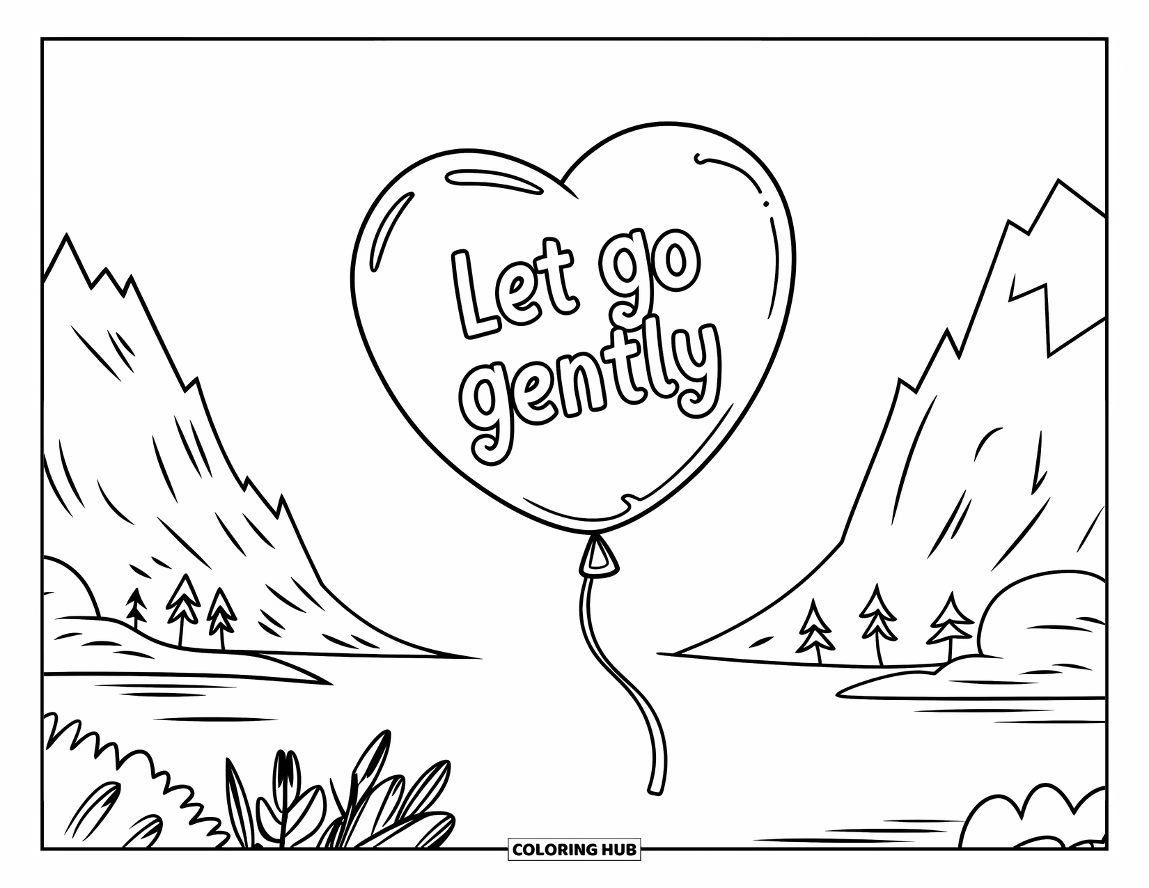 Addiction Recovery Coloring Page for Kids: A floating balloon above nature reads "Let Go Gently"