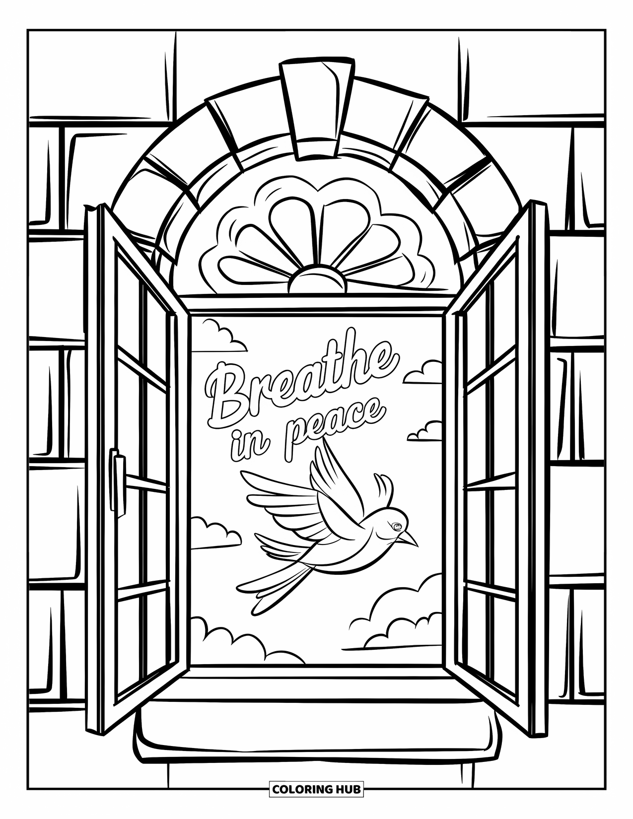 Addiction Recovery Coloring Page for Kids: A flying bird glides by a window with the message "Breathe In Peace"