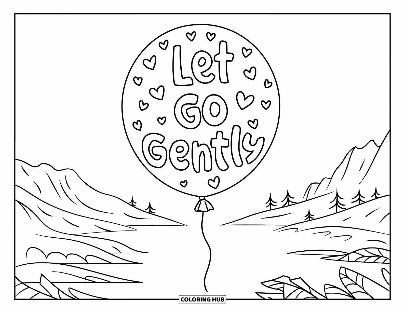 Addiction Recovery Coloring Page for Kids: A heart-filled balloon rises beside trees and water with "Let Go Gently"
