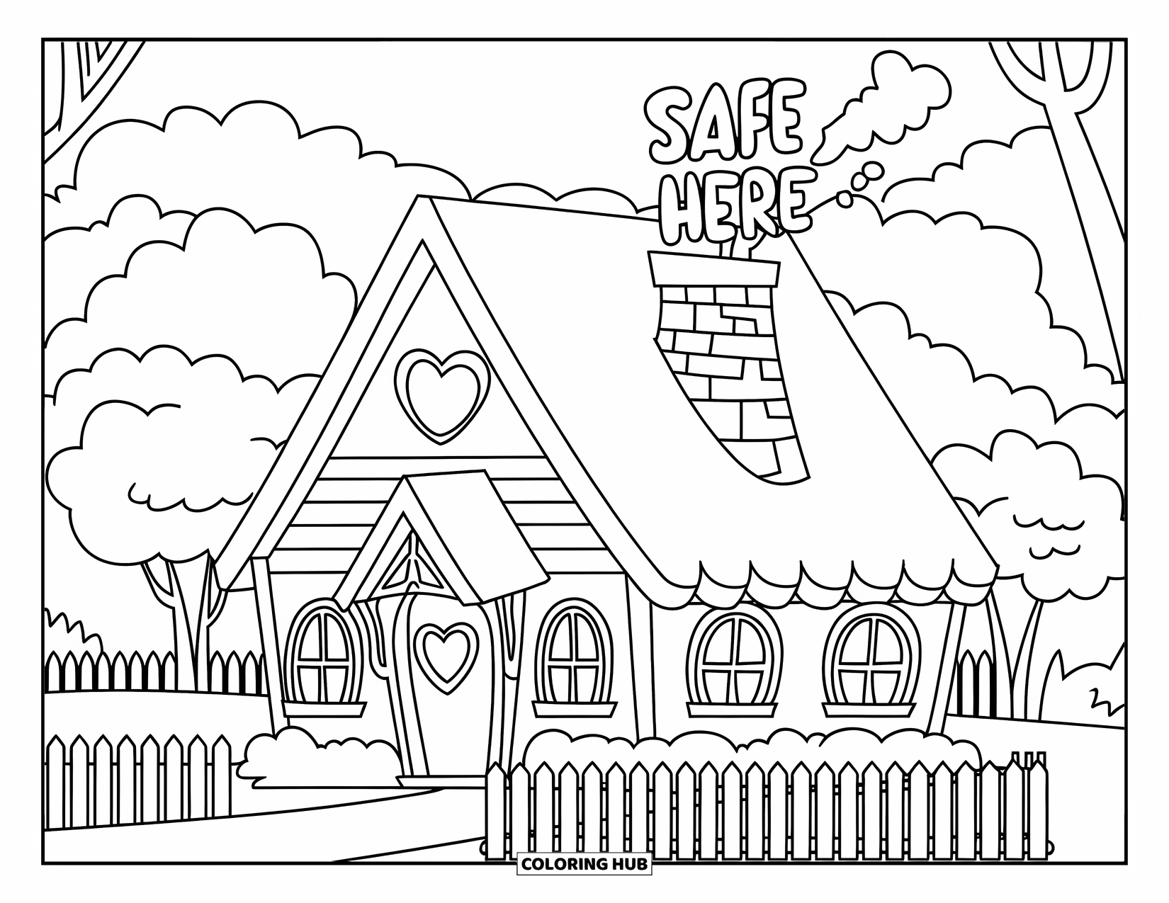 Addiction Recovery Coloring Page for Kids: A house with a heart roof and chimney smoke says "Safe Here"