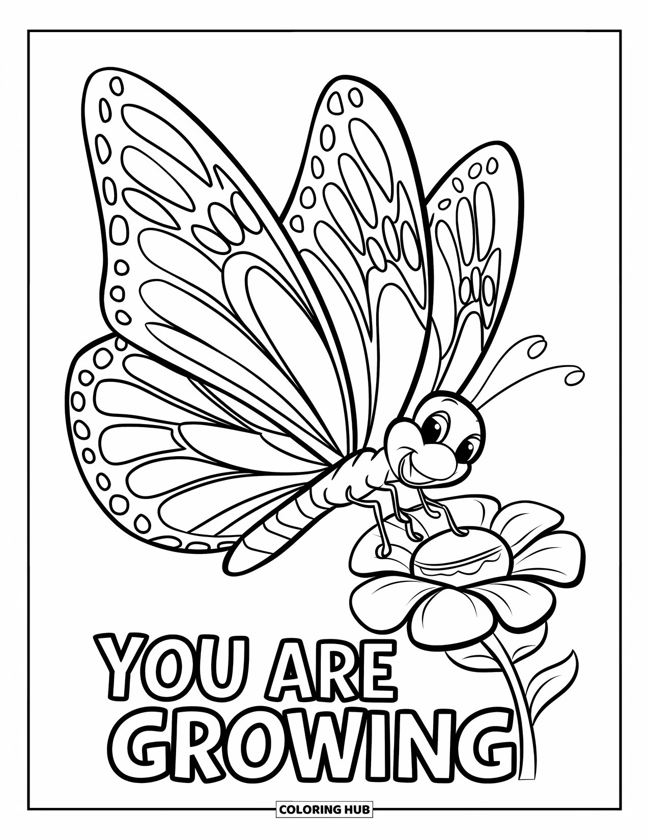 Addiction Recovery Coloring Page for Kids: A joyful butterfly flies above a blooming flower saying "You Are Growing"