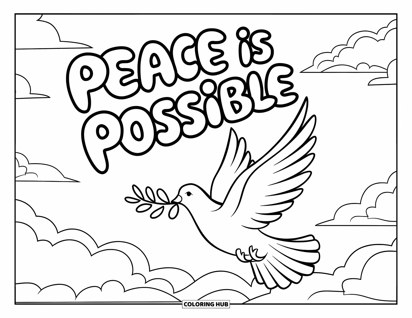 Addiction Recovery Coloring Page for Kids: A peaceful dove glides beneath the cloudy message "Peace Is Possible"