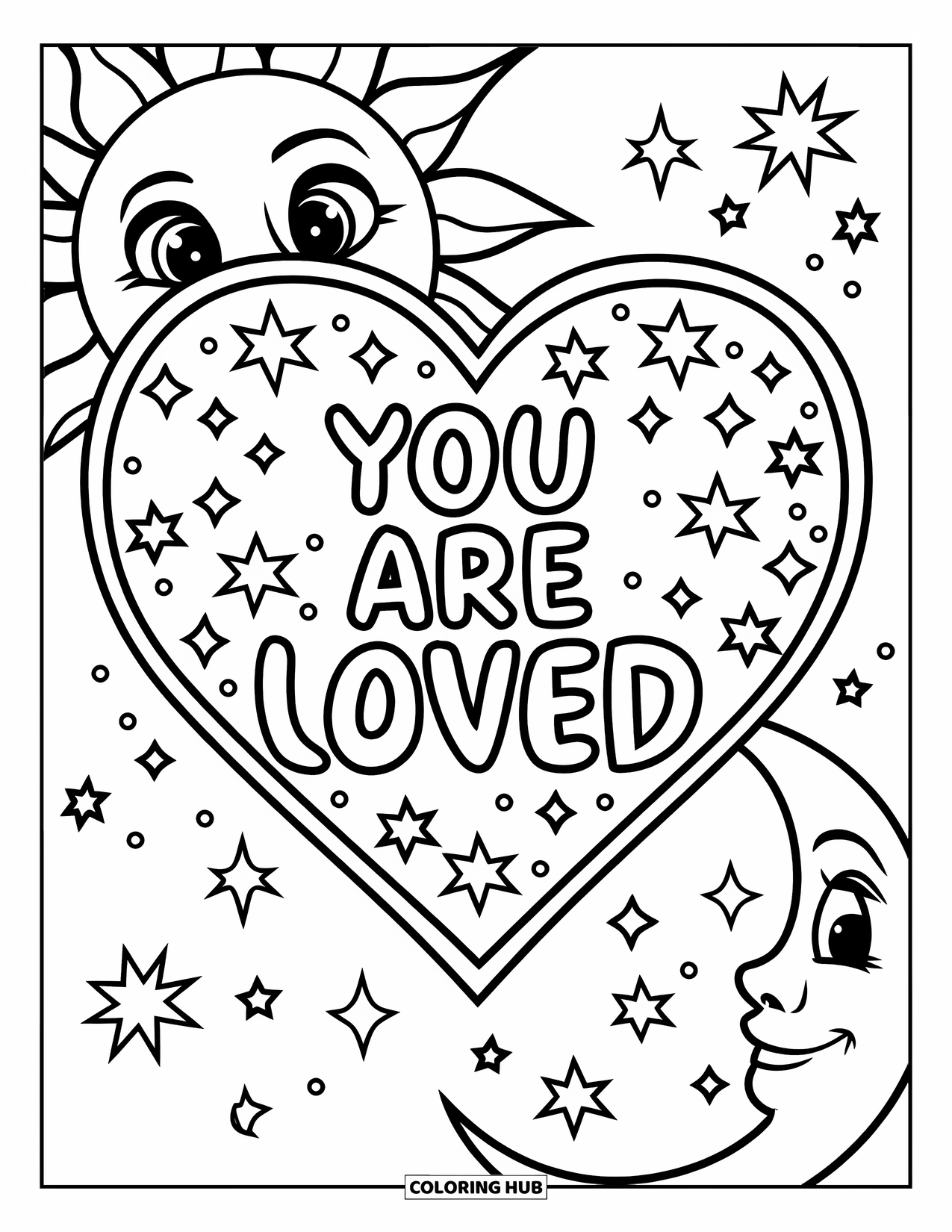 Addiction Recovery Coloring Page for Kids: A sun and moon smile beside a sparkling heart saying "You Are Loved"