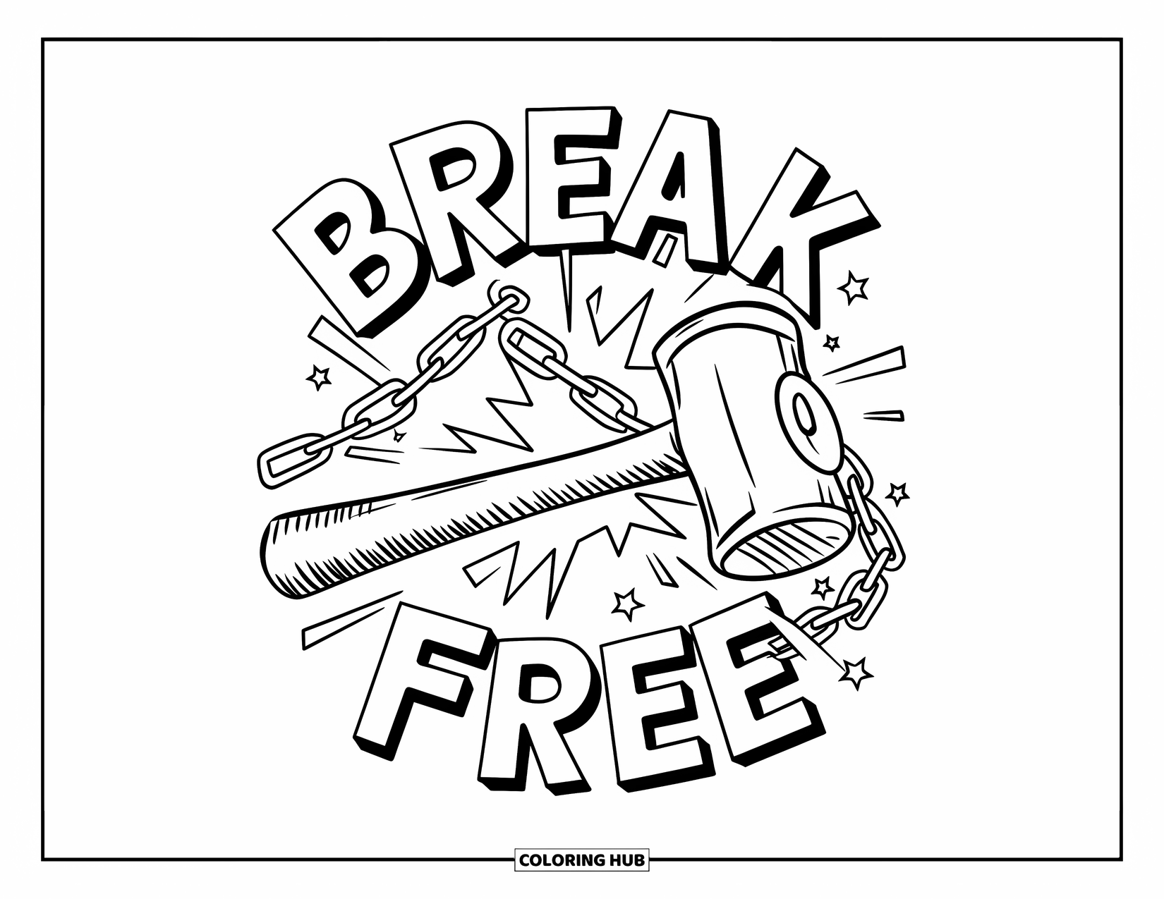 Addiction Recovery Coloring Page for Kids: A textured hammer breaks free from chains with bold, dynamic energy