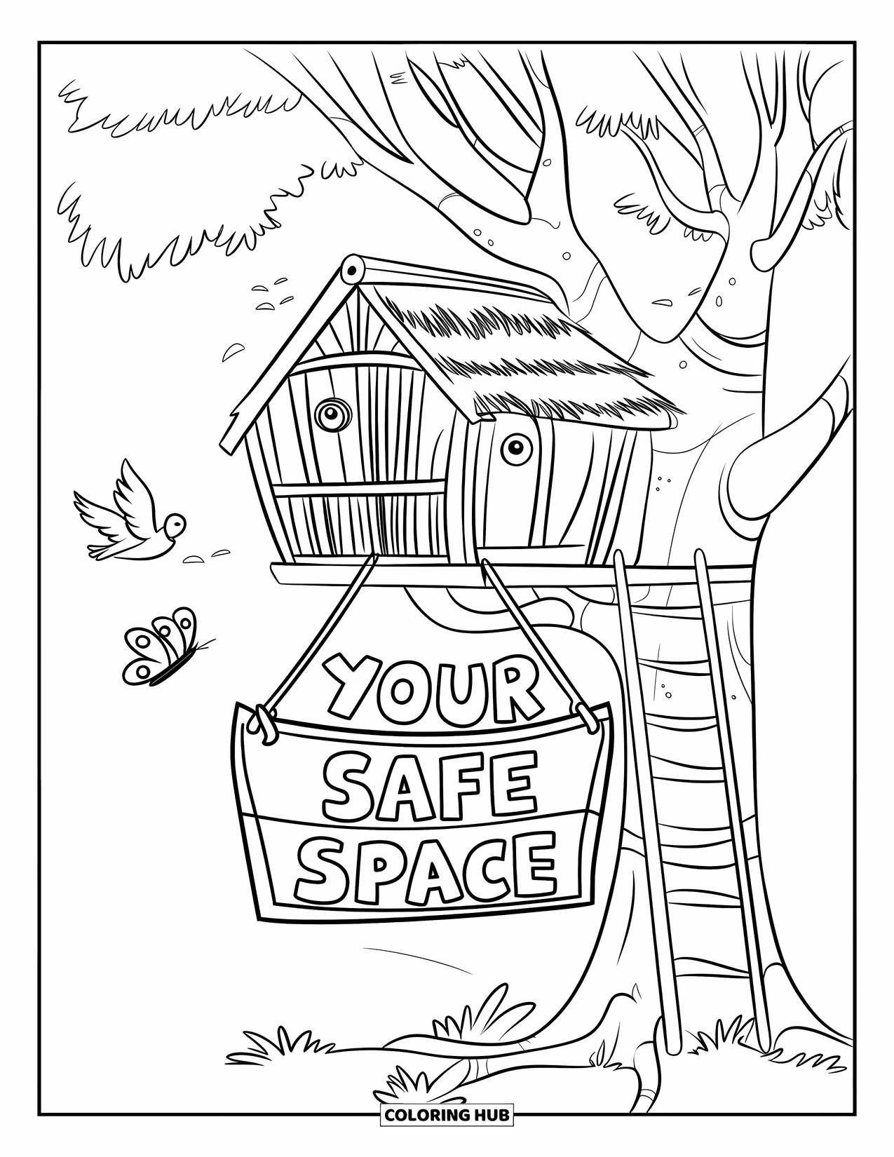 Addiction Recovery Coloring Page for Kids: A treehouse with butterflies and birds welcomes all with "Your Safe Space"