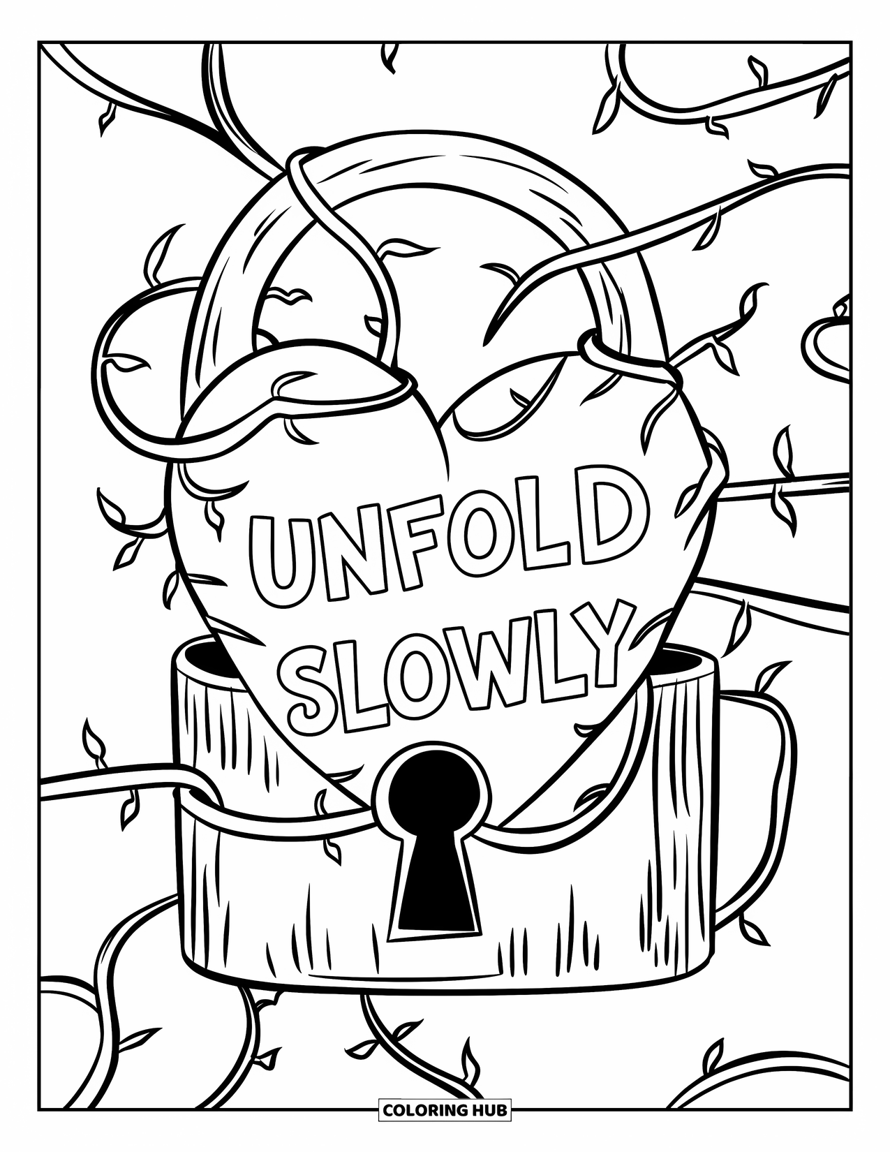 Addiction Recovery Coloring Page for Kids: Vines unravel from a heart-shaped lock with "Unfold Slowly" written nearby