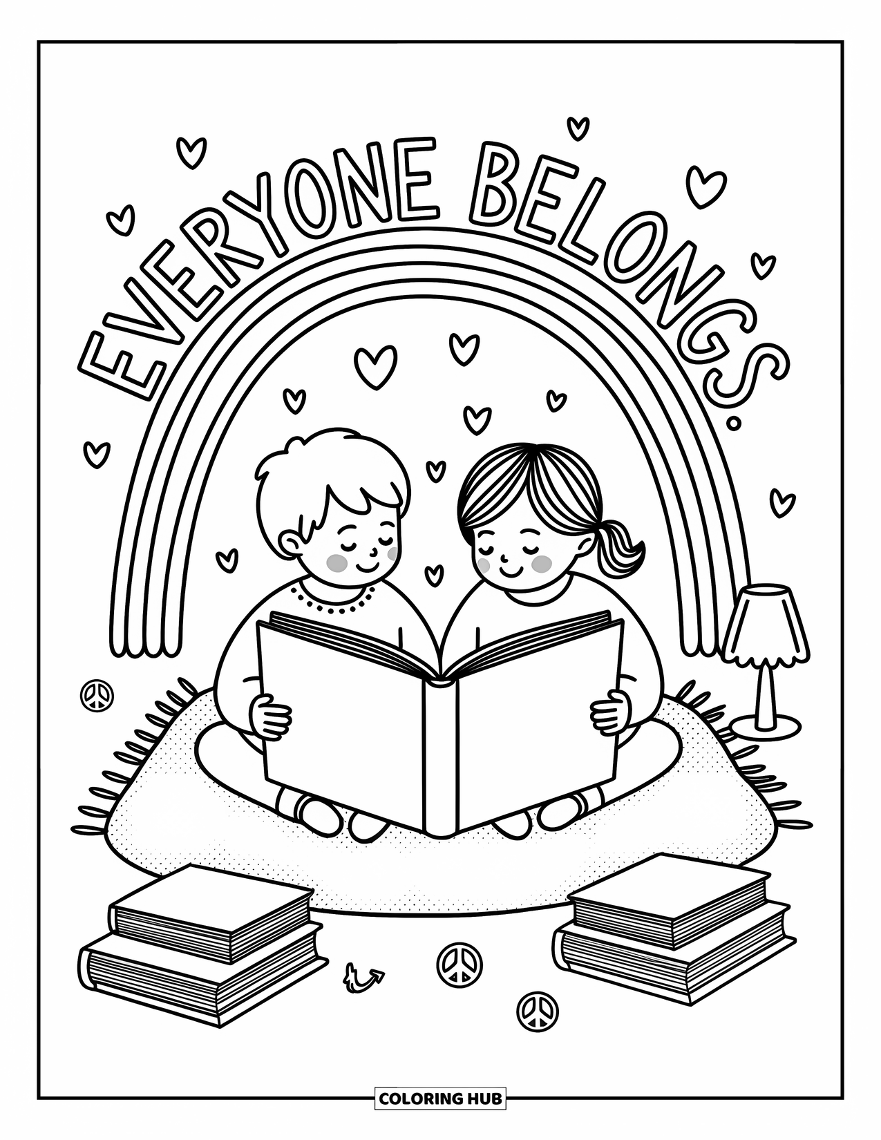 Anti-Bullying Coloring Page for Adults: Children enjoy a storybook with "Everyone Belongs" glowing warmly above them