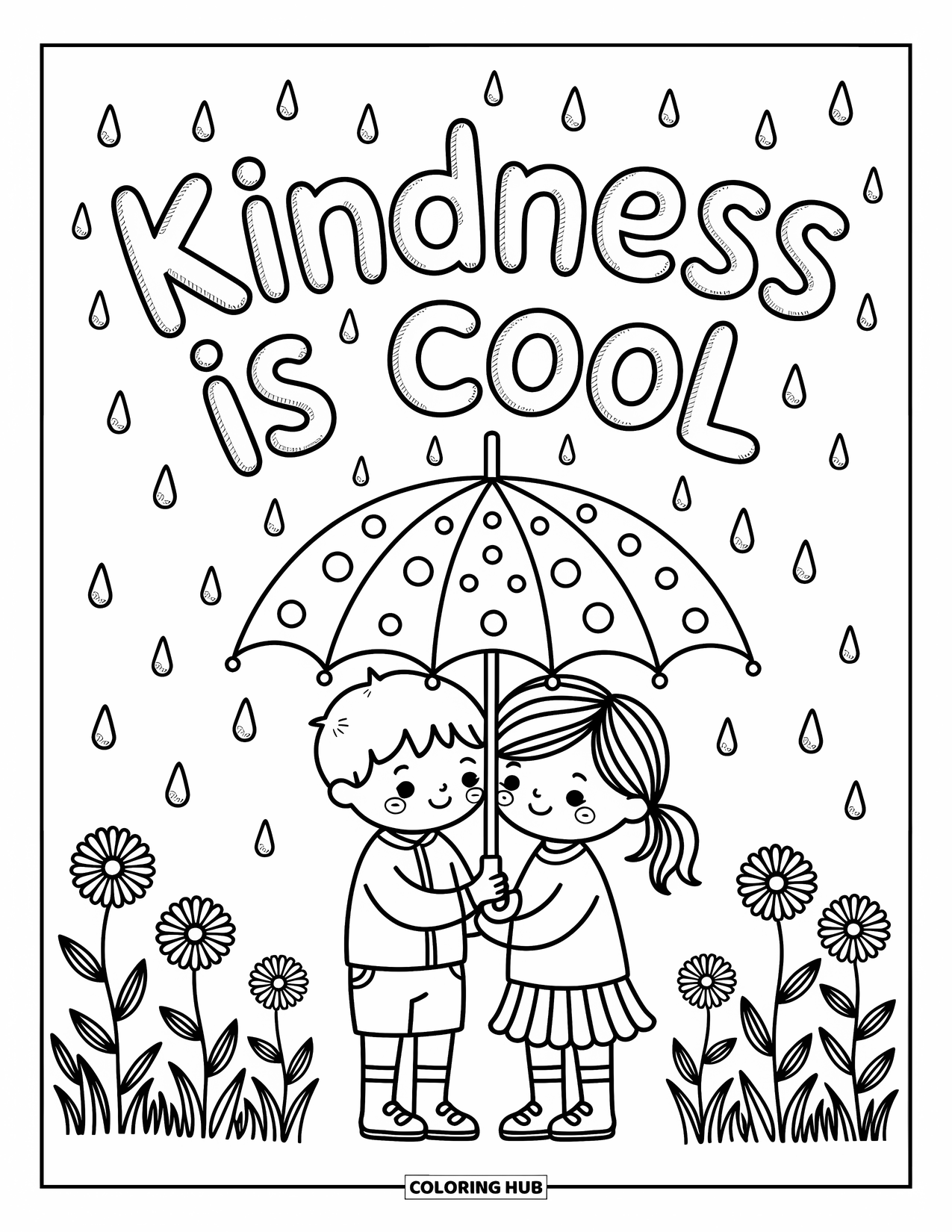 Anti-Bullying Coloring Page for Adults: Children stand close under an umbrella, beneath soft lettering that says "Kindness is Cool"