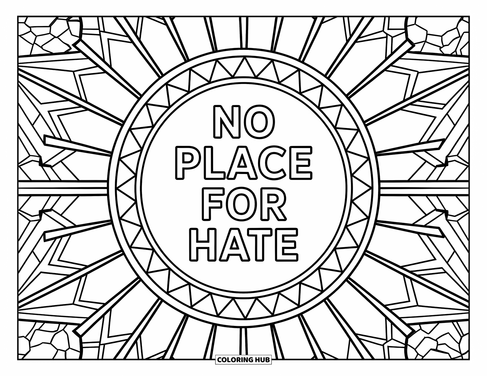 Anti-Bullying Coloring Page for Adults: Circular design with "No Place for Hate" and intricate stained glass rays all around