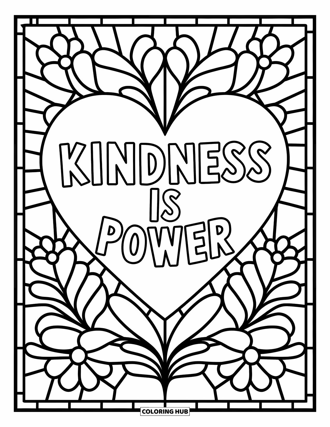 Anti-Bullying Coloring Page for Adults: Heart-shaped design reads "Kindness is Power" with stained glass floral details around it