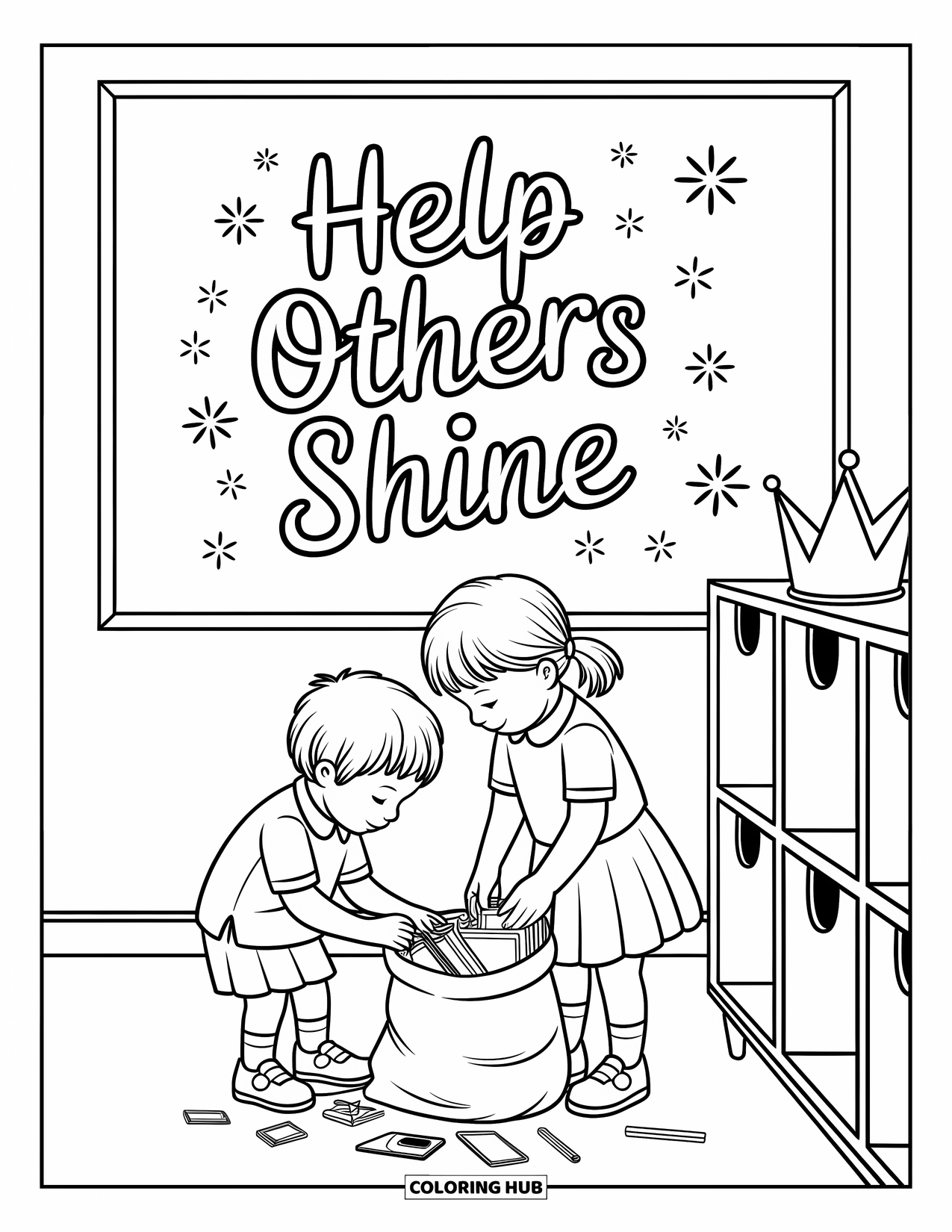 Anti-Bullying Coloring Page for Adults: Heartwarming hallway scene with kids helping and a glowing "Help Others Shine" board