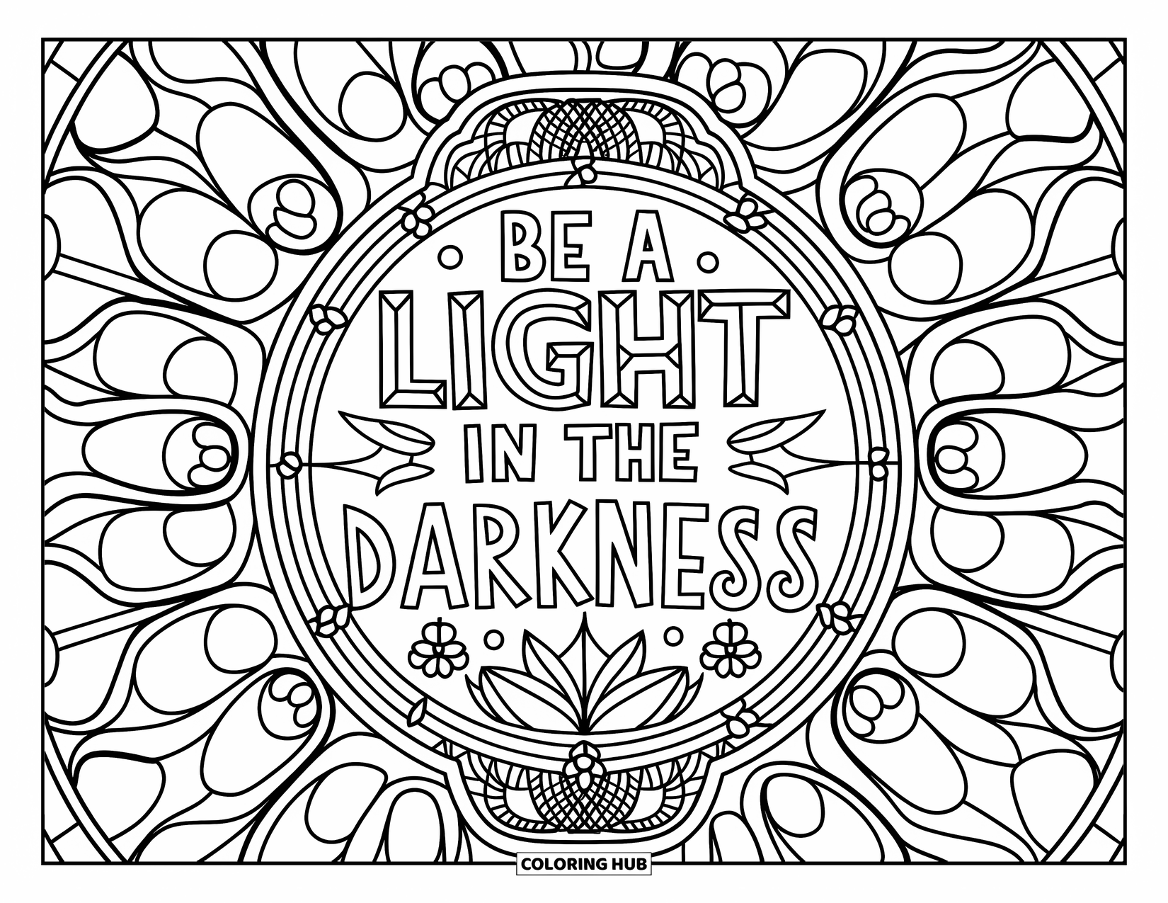 Anti-Bullying Coloring Page for Adults: Intricate stained glass lantern holds the message "Be a Light in the Darkness"