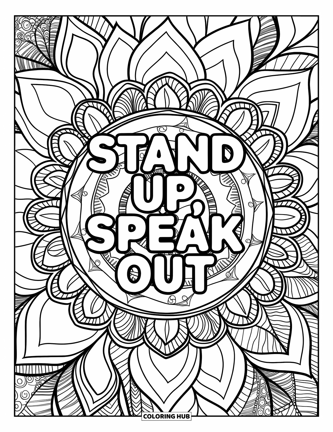 Anti-Bullying Coloring Page for Adults: Mandala design with leafy details frames the bold text "Stand Up, Speak Out"