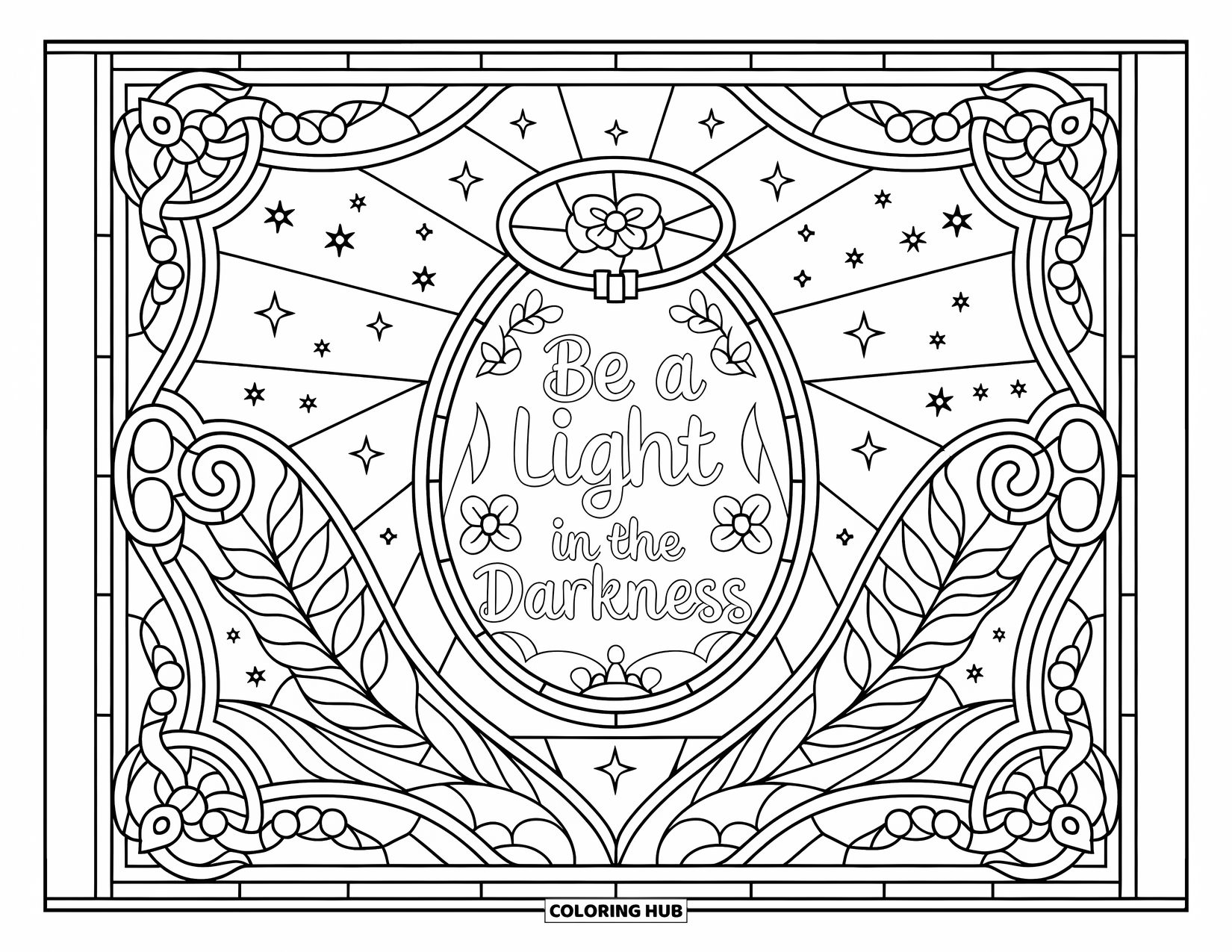 Anti-Bullying Coloring Page for Adults: Night sky surrounds a lantern with swirling patterns and the phrase "Be a Light"