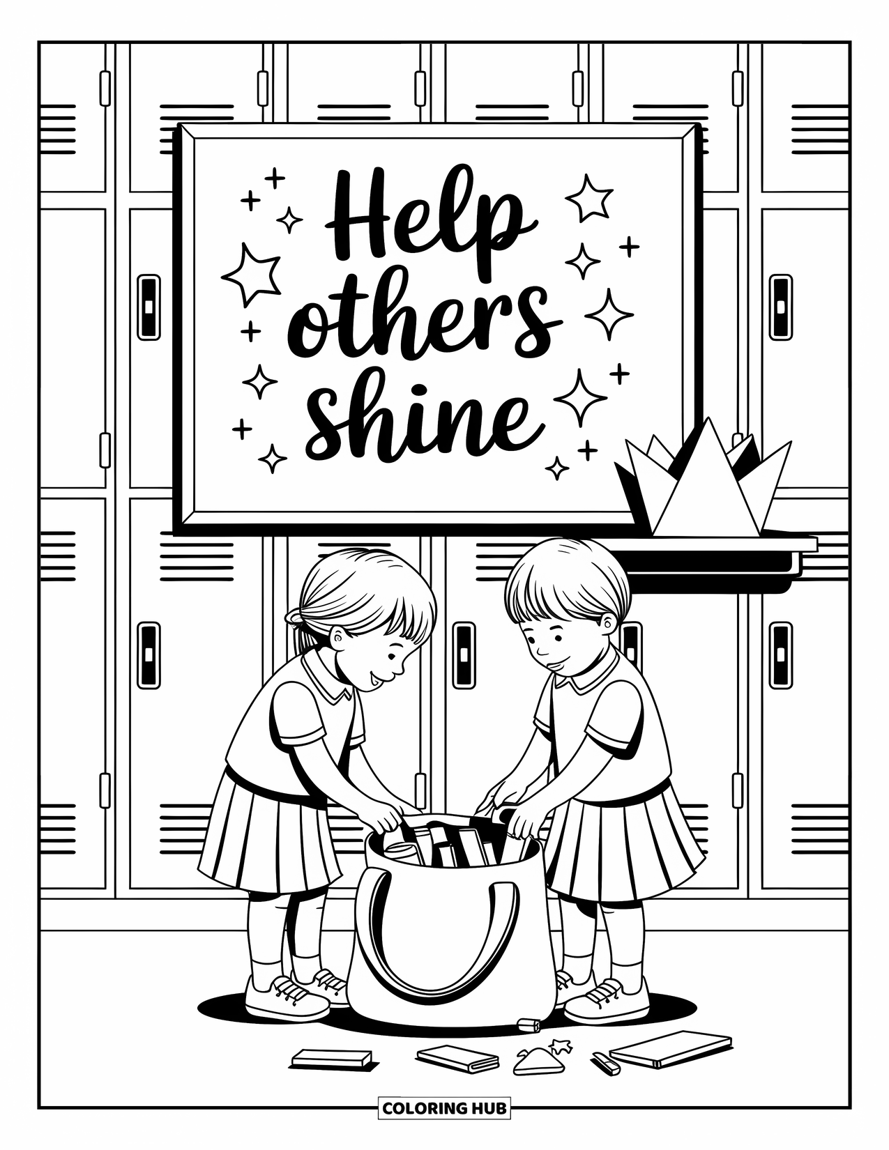 Anti-Bullying Coloring Page for Adults: One child helps another clean up under a bright "Help Others Shine" message