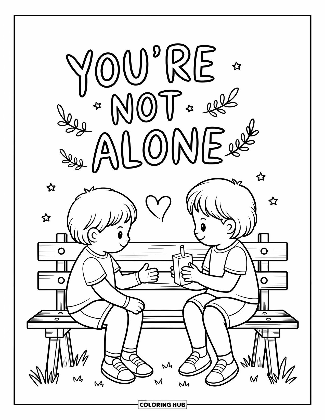 Anti-Bullying Coloring Page for Adults: Sweet bench moment as one child offers comfort and juice with "You're Not Alone" above